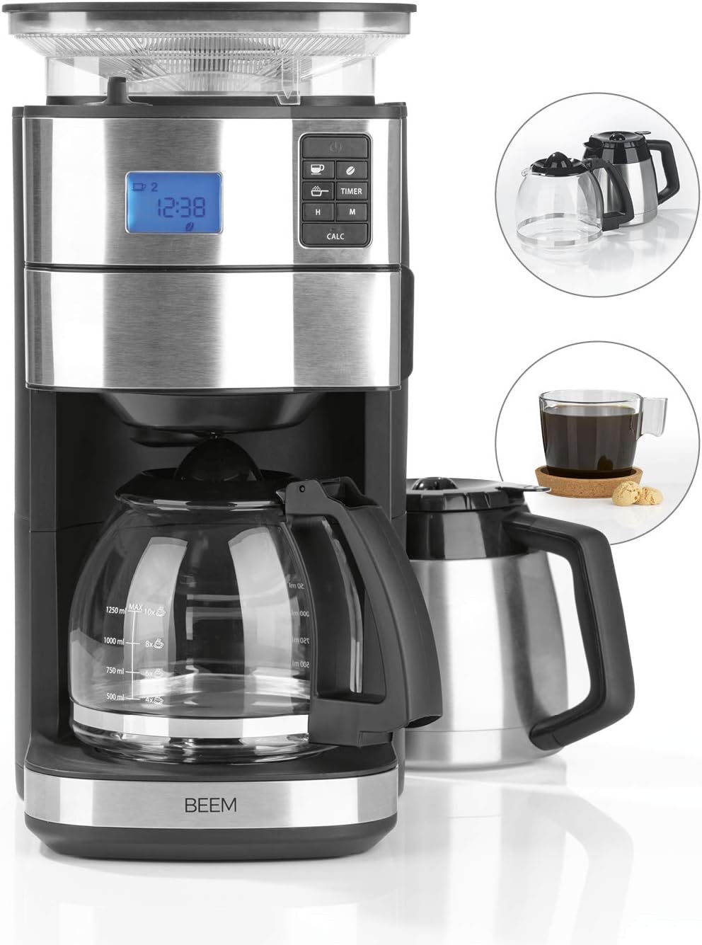BEEM FRESH-AROMA-PERFECT II coffee machine with both glass and thermal carafes, showing coffee in the glass carafe.
