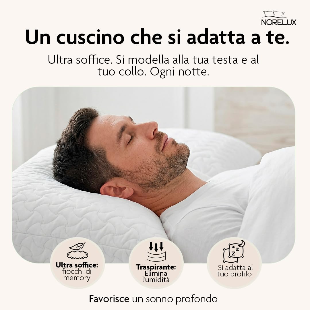 NORELUX Fiocco Cuscino Memory Foam in Fiocchi Riciclati, Sostegno Ergonomico e Traspirante, Rivestimento Trapuntato e Materiali Sostenibili, OEKO-TEX Standard 100, 71x41x15cm, Made in Italy