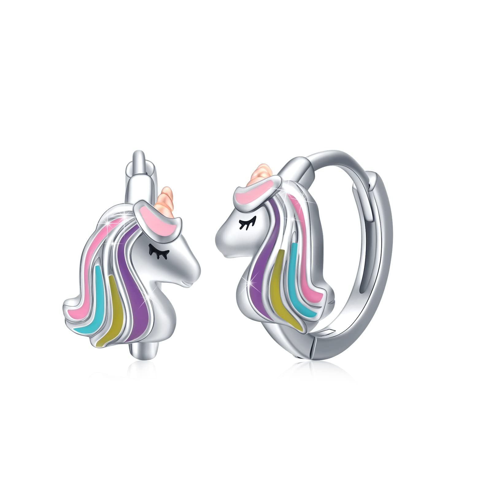 MEDWISE Pendientes de aro de unicornio para niña, plata de ley 925, unicornio/gato, niños, joyas de unicornio, regalo de cumpleaños para mujeres, niños, hija