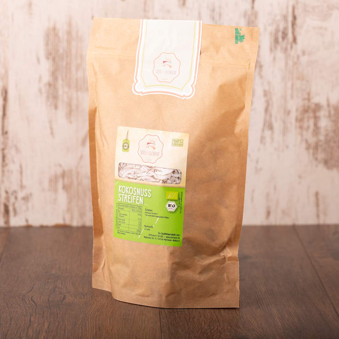 süssundclever.de® Kokosstreifen Bio | 1 kg ( 2 x 500g) | Premium Qualität: hochwertiges Naturprodukt | plastikfrei abgepackt in ökologisch-nachhaltiger Bio-Verpackung | Kokosnussstreifen
