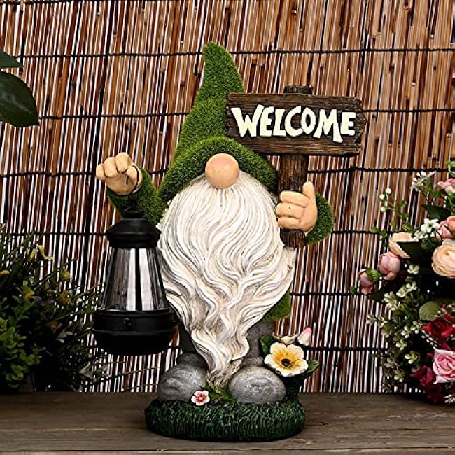 ASAWASA Gnomes Decorations for Yard with Solar LED Light, 10.8 Large Outdoor Funny Garden Lawn Gnome Decor with Welcome Sign
