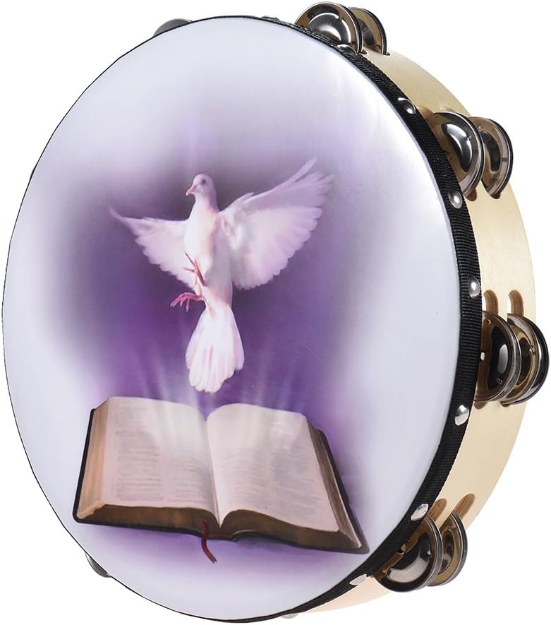 ammoon Tambourine , 10" Double Row Jingle Tambourine Handbell Clap Drum Percussion Instrument with Dove & Bible Pattern for Church,Drum Kit