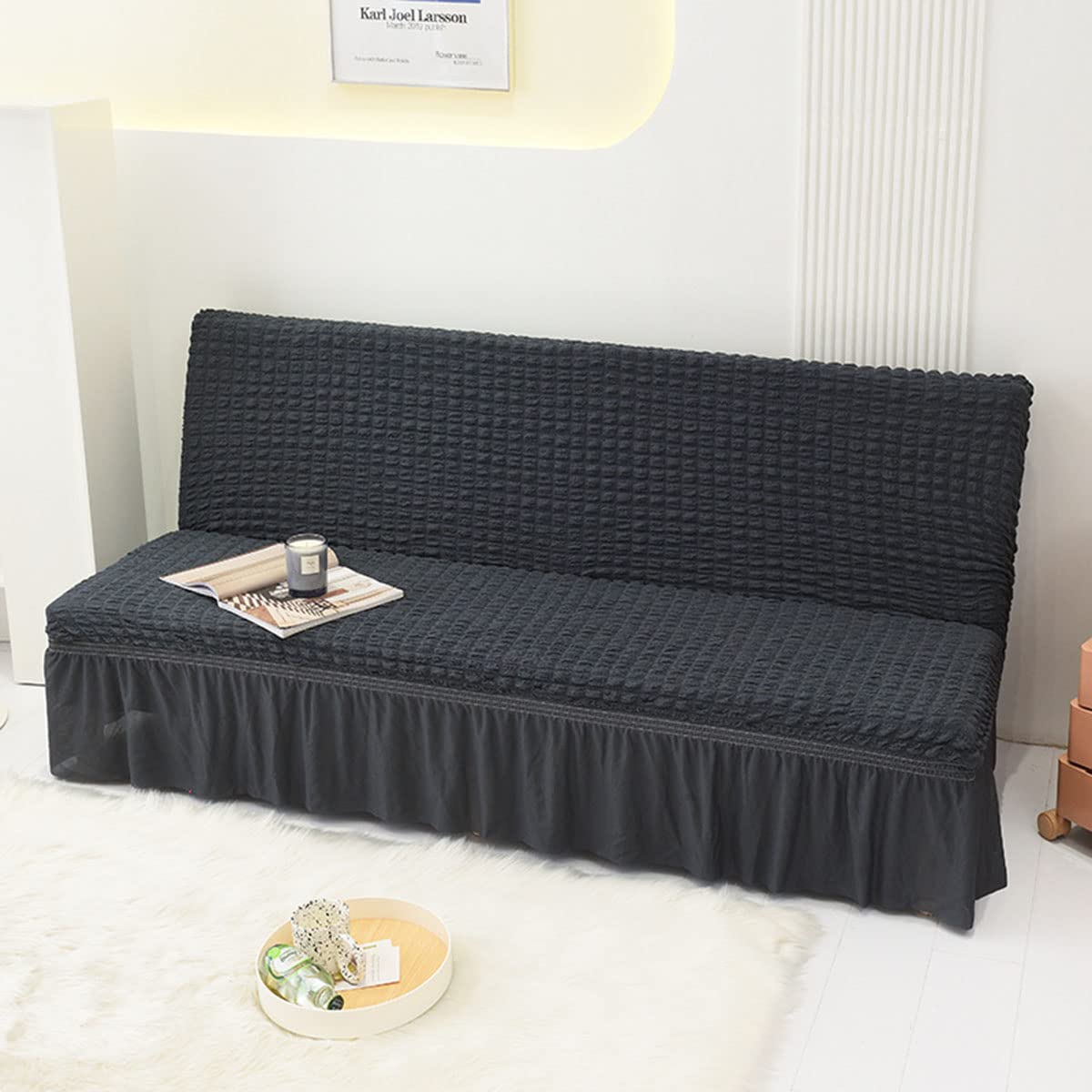 YOPOIY Armlose Sofabettüberzug mit gekräuseltem Stretchrock Sofaüberzug Armless Reich strukturierter Jacquard-Stoff mit kleinen Karos Sofabezug ohne Armlehnen Waschmaschinenfest -grau-150-190cm