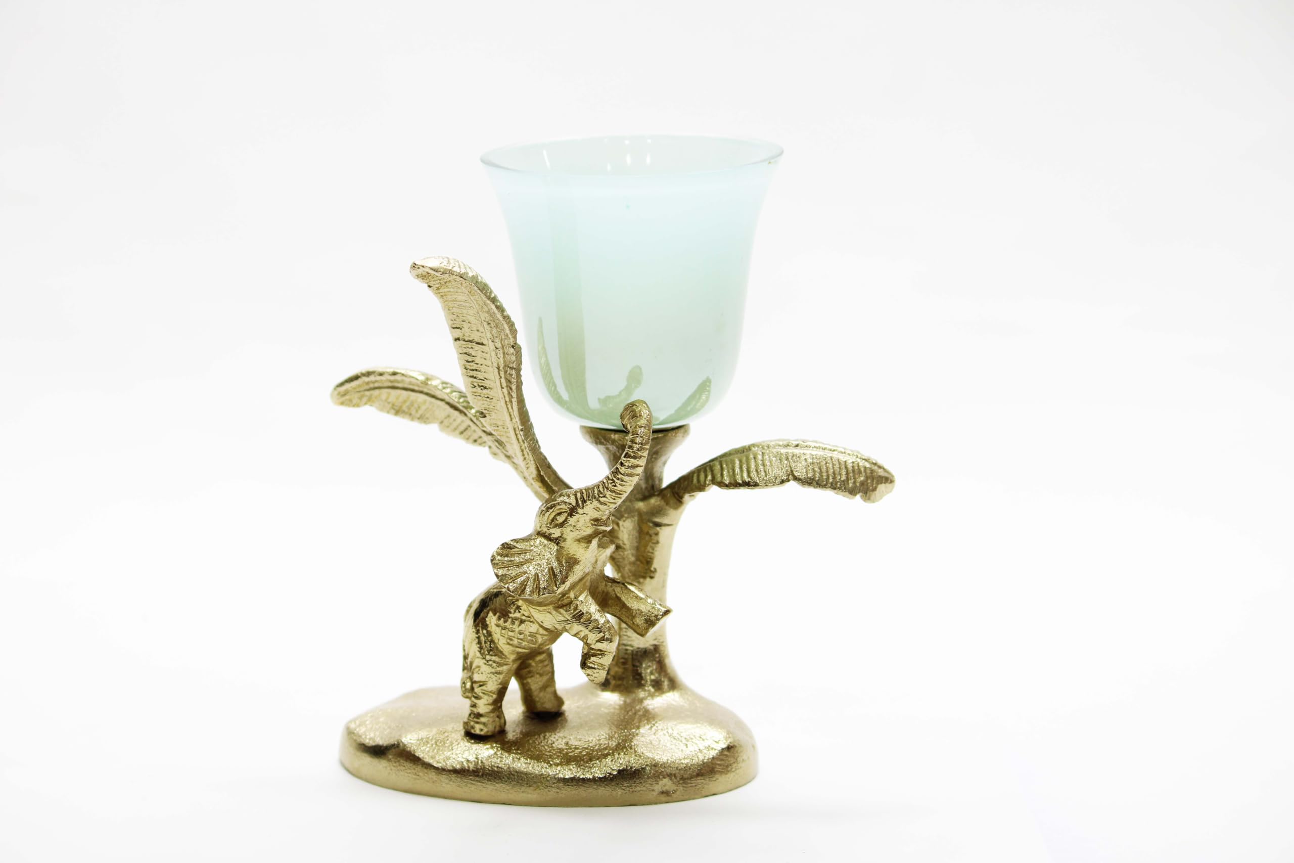 Golden Elephant Decorative Glass Tealight Candle Holder with Frosted Blue Glass Cup. Crafted with a Durable Gold-Finished Metal Base Featuring an Elegant Elephant Design-image-19