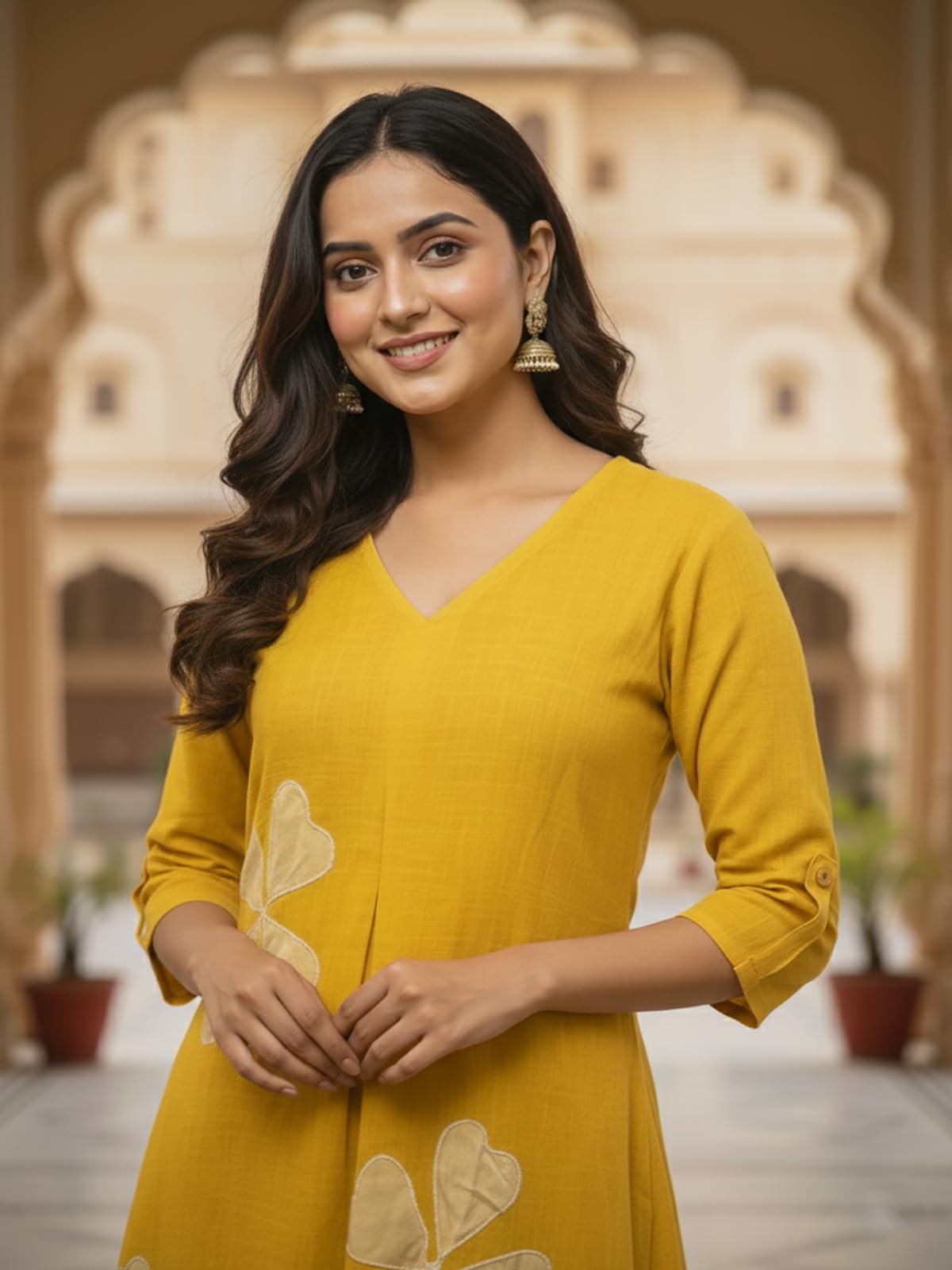 Leriya Fashion Set Kurta da donna in cotone con pantaloni | Set kurti etnico con scollo a V con maniche a 3/4 | Abito estivo etnico elegante da donna | Set kurta festivo con stampa floreale da donna