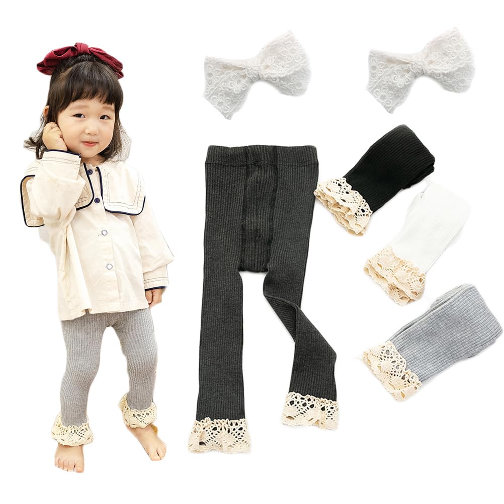 DUDUFUNBaby Girls Toddler Lace Edge Bow Tie Trousers Knitted Pants Leggings Pack of 4+Baby Lace Hair Clip Headband(3 Months-4 Years)