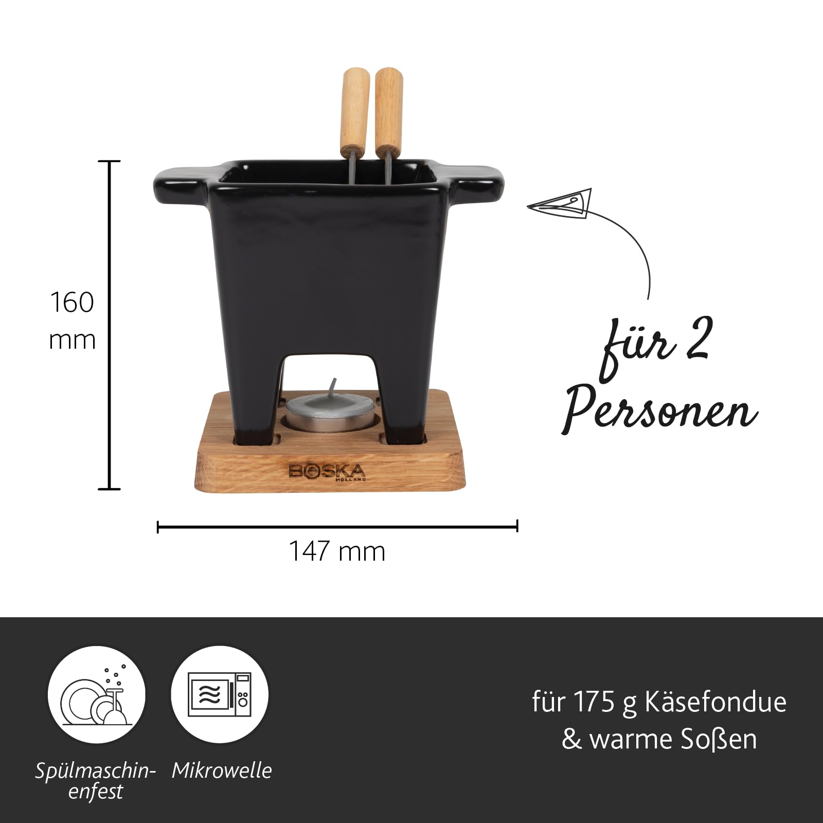 Boska - Käsefondue set klein 2 personen - Nero Tapas Fondue Klein Teelichter - 300 ml Inhalt für 175 gr Geschmolzenen Käse [ink. Fonduegabeln] [Mikrowellen-und Spülmaschinenfest]