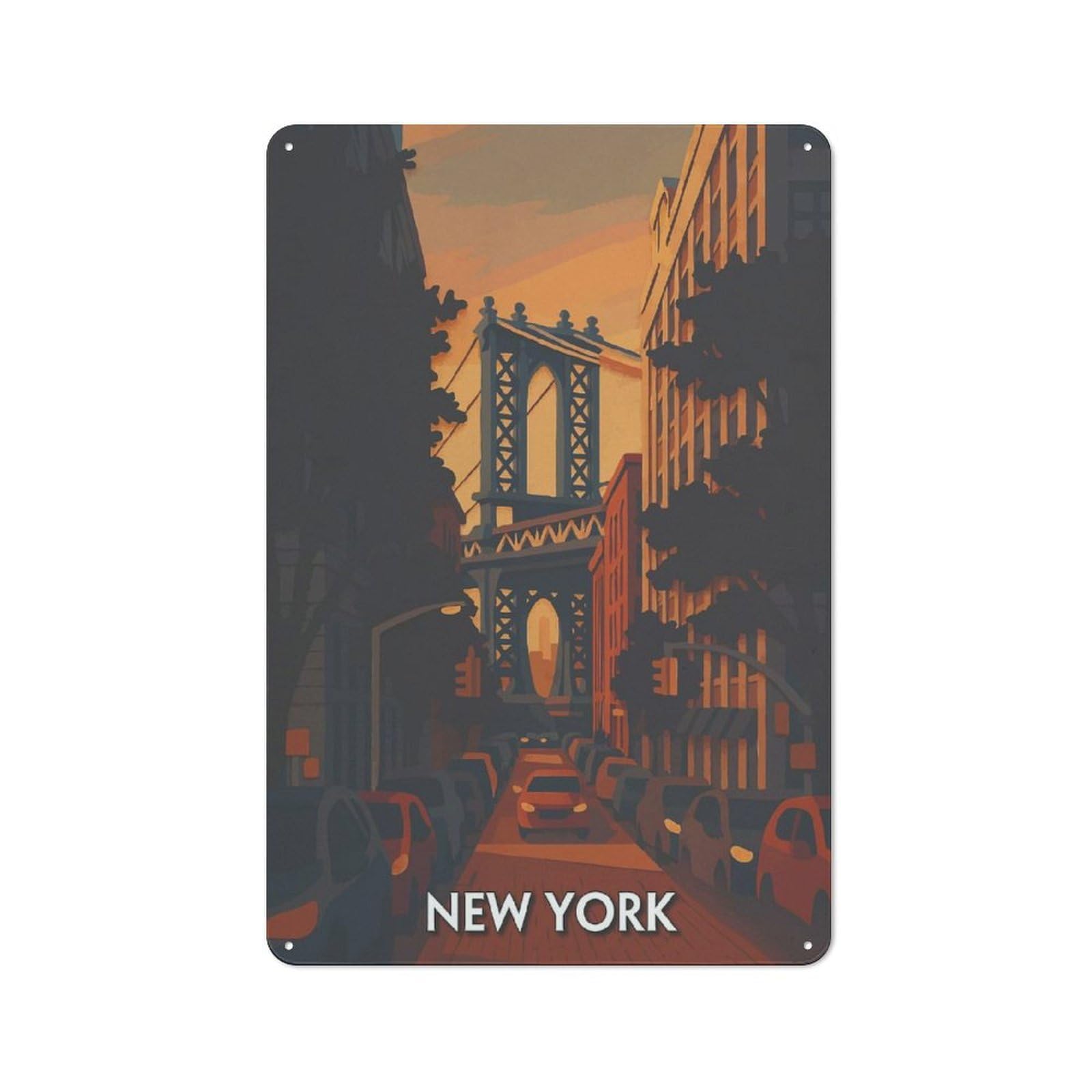 Junmoney Style-4 Rustic Tin Sign 30X20cm Featuring New York Cityscape With Manhattan Bridge For Living Room Wall, For Room Styling Across Living Rooms And Feature Walls