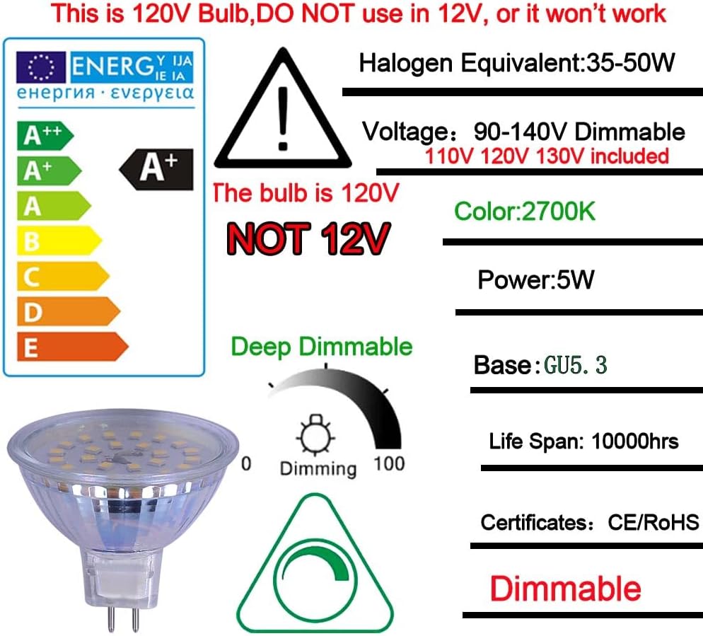 mr16 led Bulb dimmable 120v 110V 5w 2700K Warm White Soft White Spot Light Equivalent to 50w Halogen Bulb for Tracking Light MR16 Fixture