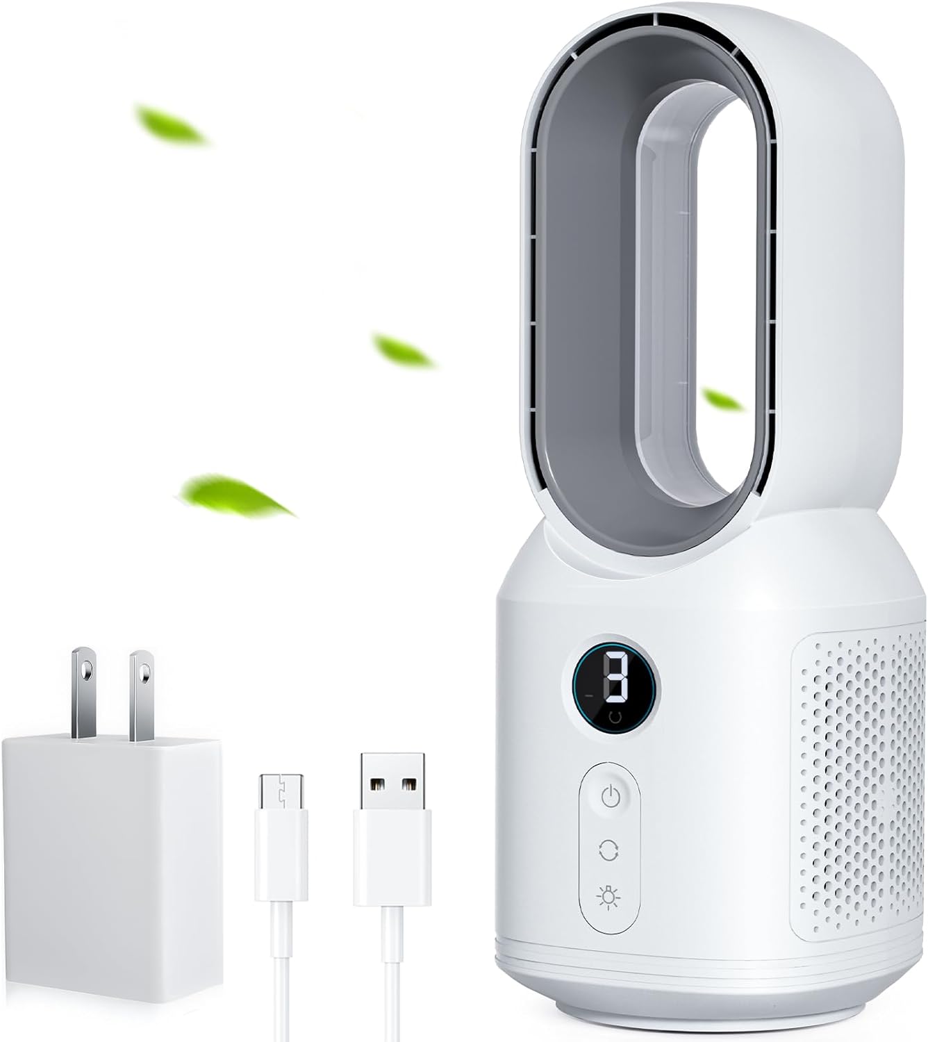 Låt mig 13-tums skrivbordsfläkt, bladlös bordsfläkt, 106° oscillerande fläktrörskontroll med 3 hastigheter och nattlampa, liten tyst skrivbordsfläkt för personligt, kontor, nattduksbord