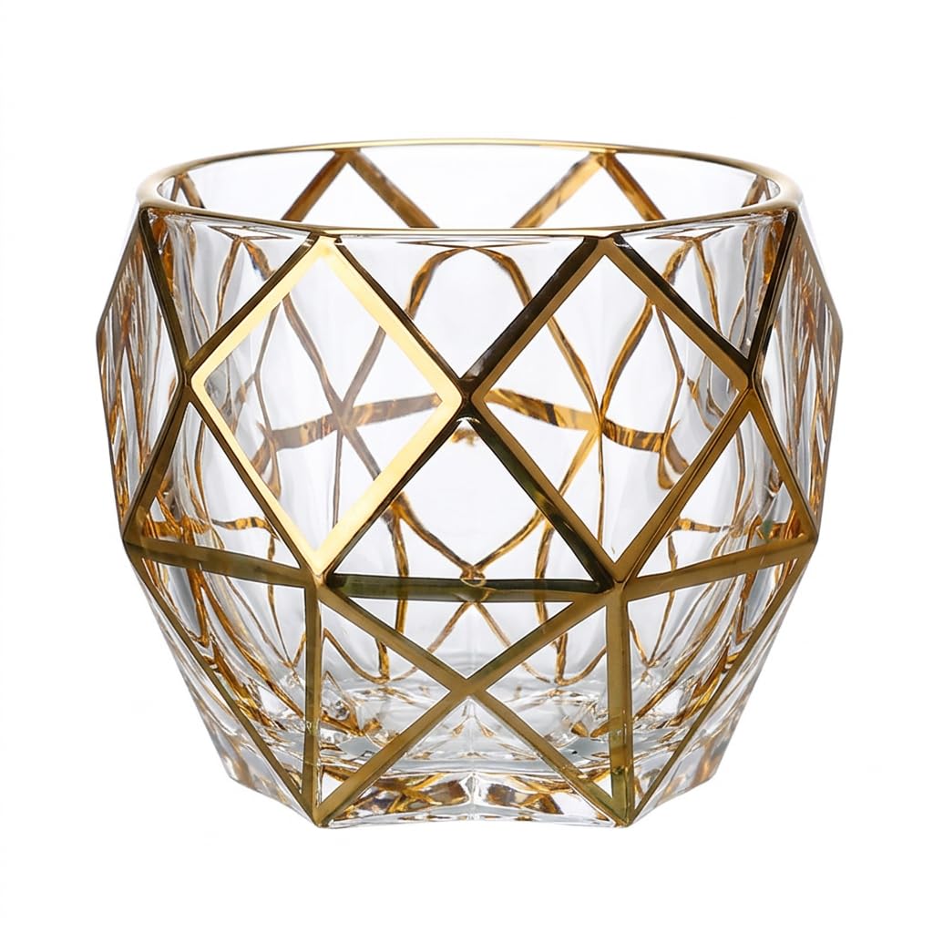 Yunmeryker Crystal Brandy Snifter with Gold Rim, Glass for Spirits Tast, 300ml Gilded Edge Stemmed Goblet, Clear with Gold Geometric Pattern (Type 5)