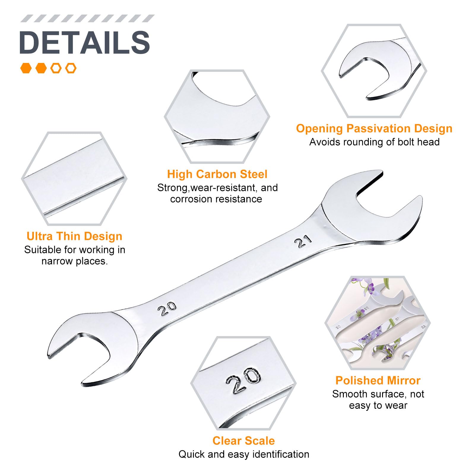 QUARKZMAN Set Di 2 Chiavi a Bocca Aperta Sottili Doppie 18×19/20×21mm Metric Super Thin Small Flat Head Wrench Mirror Polished Open Ended Spanner per Riparazioni Automobilistiche