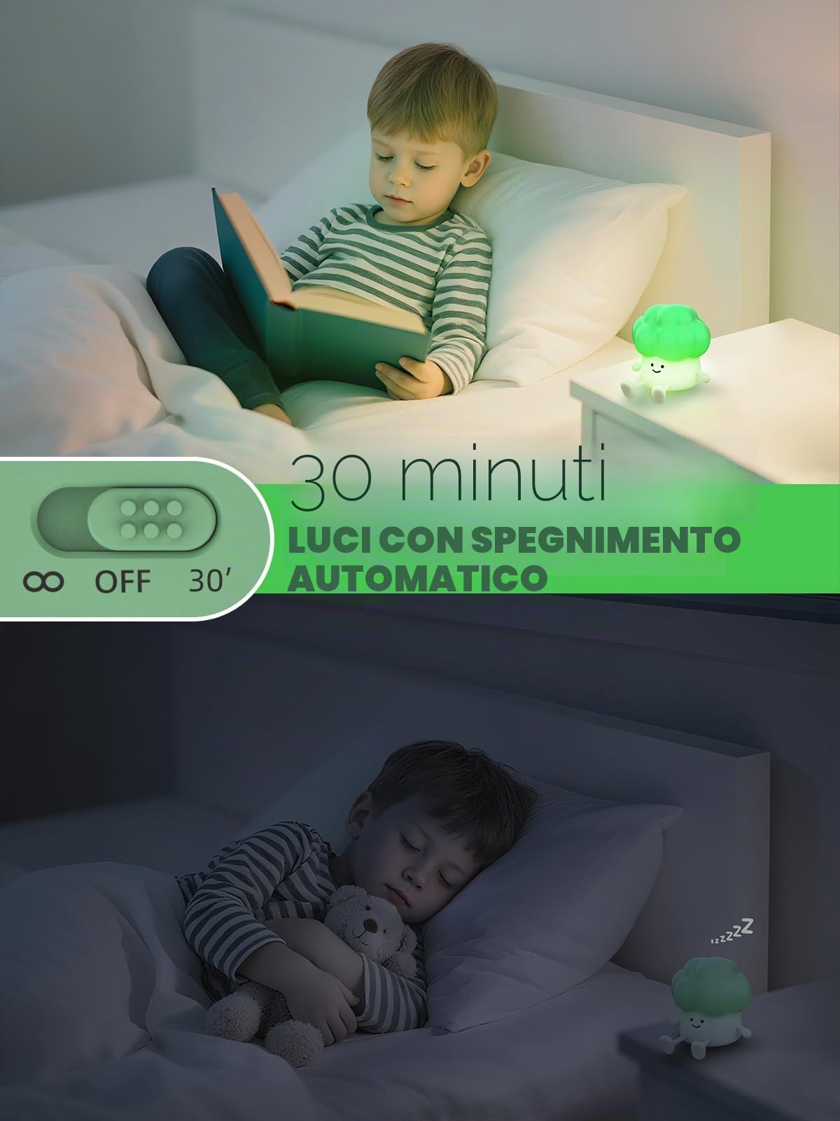 Smiling Shark Carino Lampada Notturne, Broccoli Ricaricabile LED Notturna Silicone Luce 3 Luminosità Sensore Tattile Cute Night Light Luci Notturne per Bambini Decorazione Regali