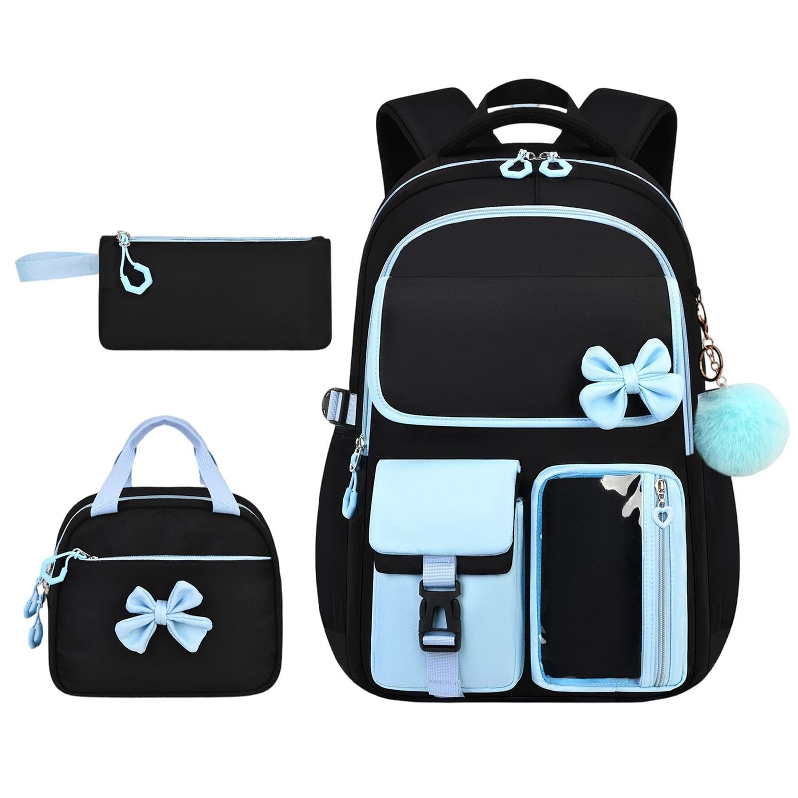 Mädchen Rucksack Mit Lunchbox 3-Teiliges Set Mit Schleife, Niedlich, Und | Lustiger Kinderschulrucksack Für Schüler Schulbücher Schreibwaren Lunch Geldbörse Kleidung