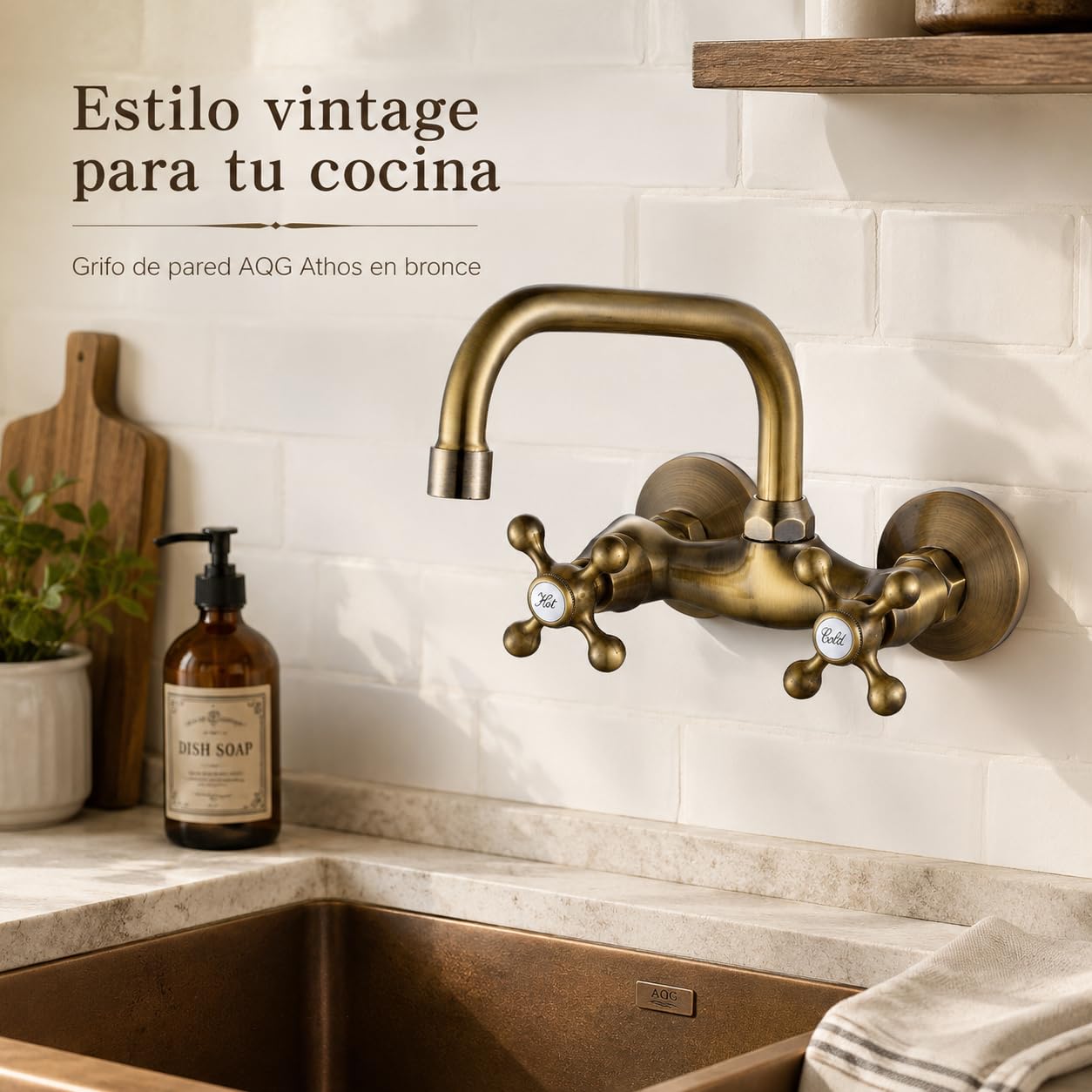 Grifo de Pared para Cocina y Fregadero, Caño Giratorio 360°, Doble Maneta Retro Estilo Vintage Industrial, Latón Macizo Acabado Bronce Envejecido, Distancia entre Tomas 9,5-12,5 cm, AQG Athos Clásico