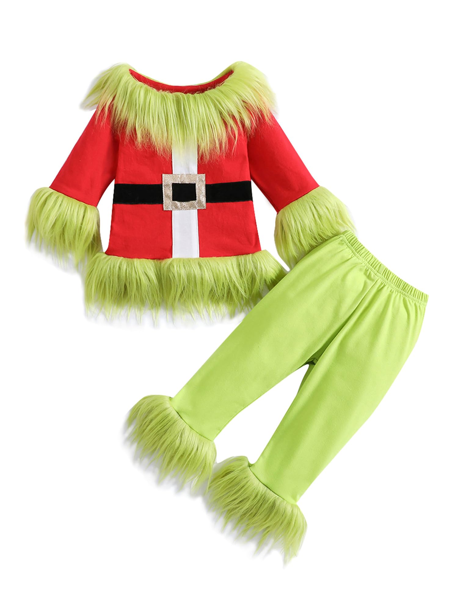 Sexy outfit Dziecięcy zielony zestaw kostiumów Świętego Mikołaja Pluszowe topy i spodnie Świąteczne przebranie dla chłopców dziewcząt w wieku 1-10 lat