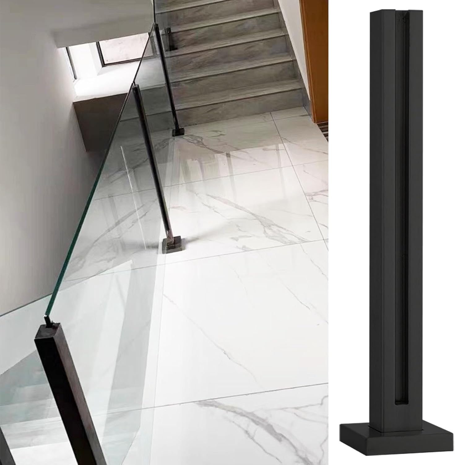 Poteau de garde-corps en verre intérieur inox noir mat carré 105 cm extrémité pour escalier