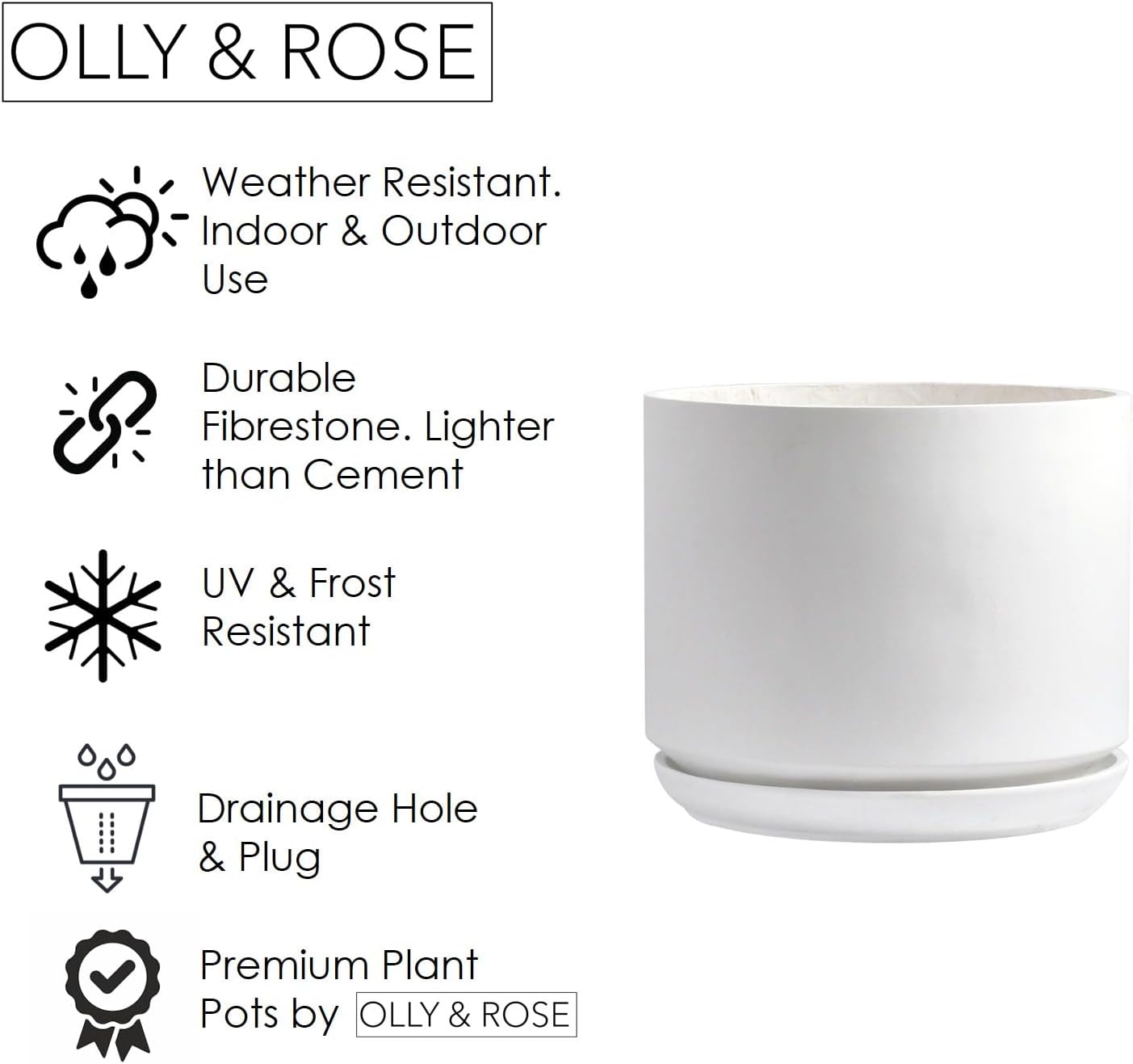 Olly & Rose Large Matt White Flower Pot Tall Planter 35.5cm Extra Large Fibre Planter with Saucer - Large Indoor and Outdoor Plant Pot