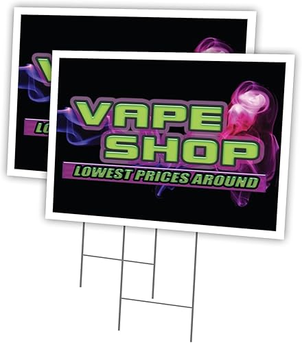 Vape Shop Lowest Prices - Paquete de 2 carteles y estaca de 12 x 16 pulgadas para patio Anuncia tu negocio Imagen de estaca incluida en ambos