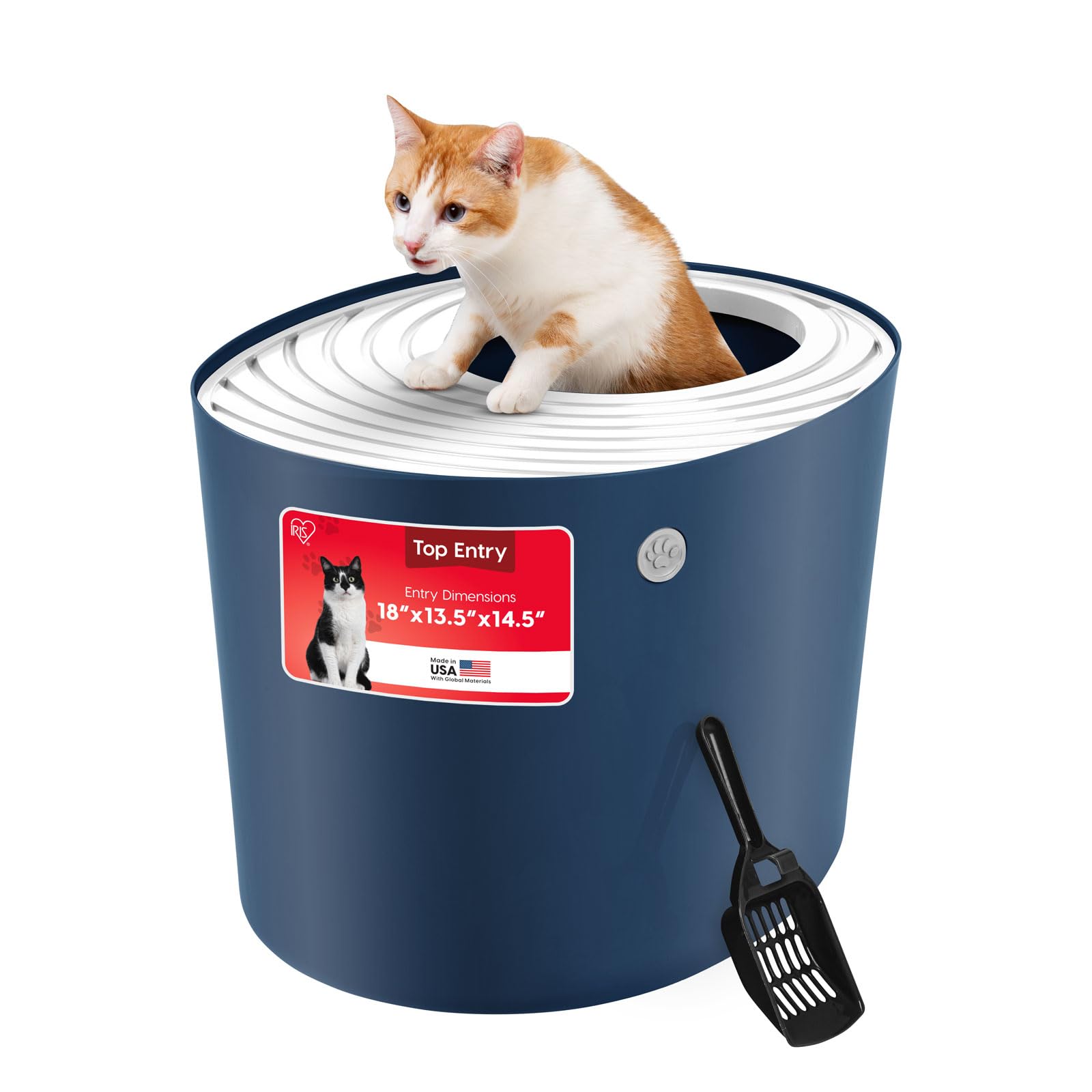 Cat Litter Box, Large Top Entry with Litter Catching Lid and Scoop, Dog Proof, Cat Box Enclosure, Navy/White