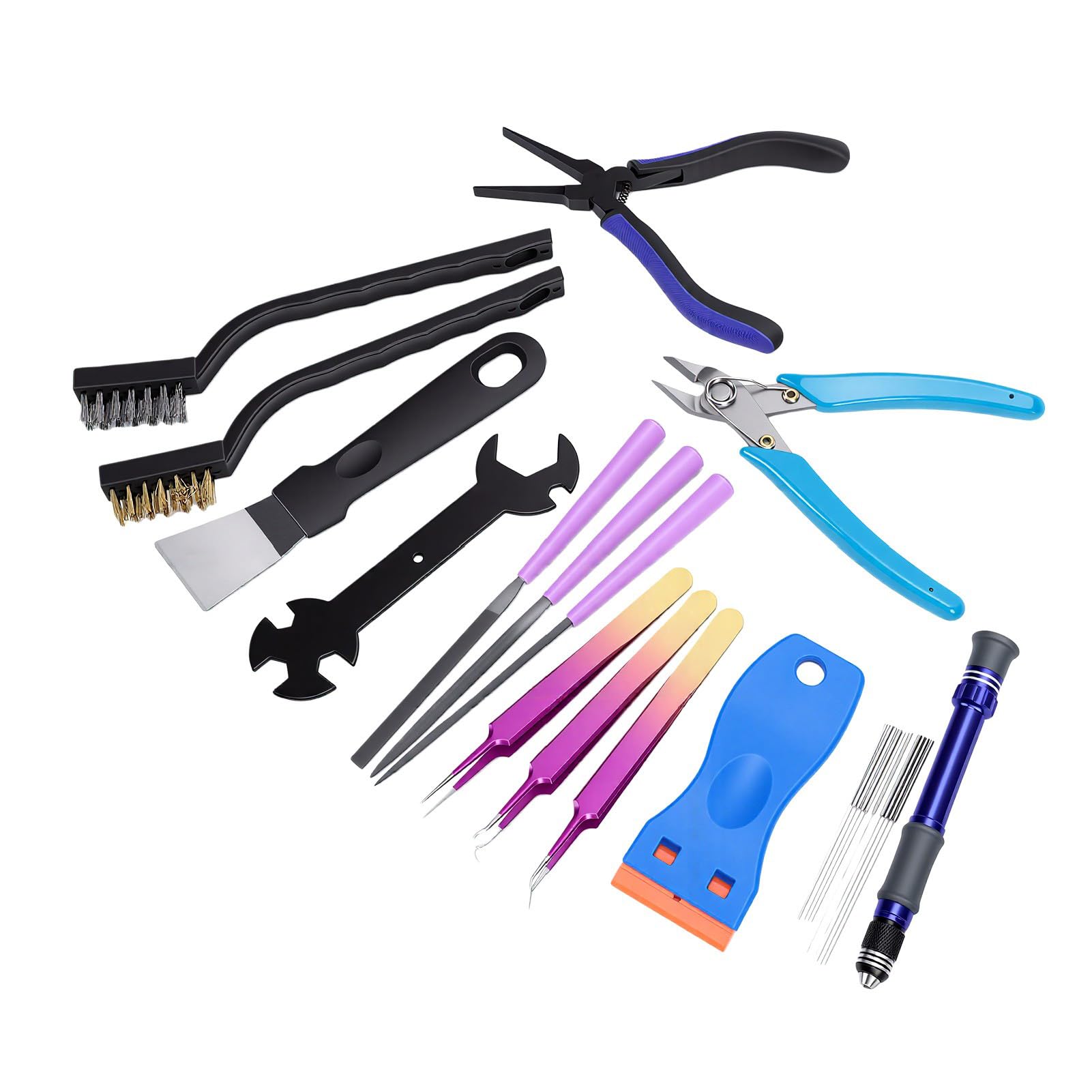 Fafeicy Kit de Posprocesamiento de Impresión 3D, Juego de Herramientas de Recorte y Desbarbado | Herramientas de reparación artesanal de acero de dureza, agarre antideslizante, estuche de transporte con cremallera para