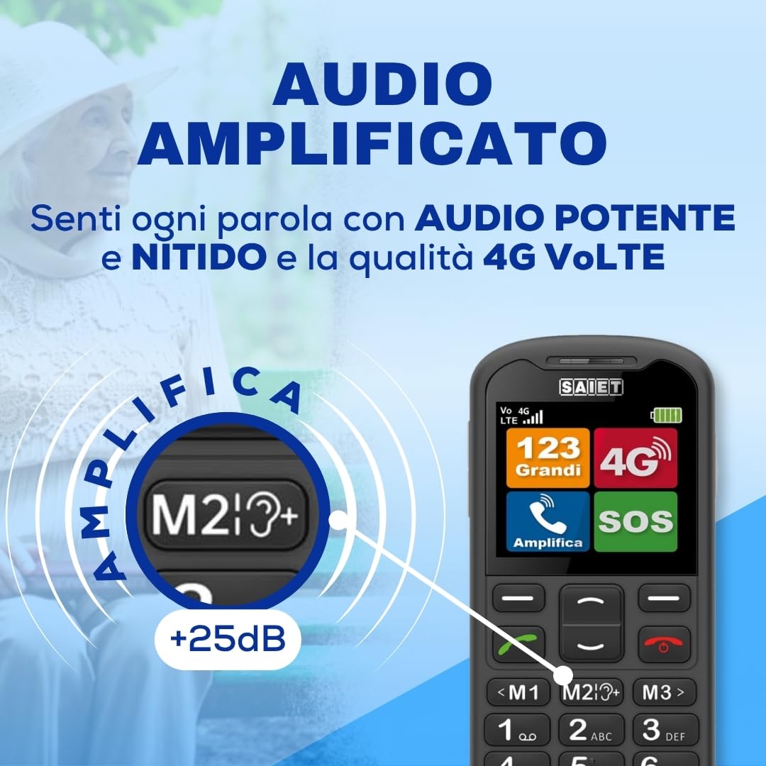 SAIET Next 4G Cellulare per Anziani con SOS, Tasti Grandi e Audio Forte | Telefono 4G VoLTE con Tasto SOS a 5 Numeri, Foto Contatti e Base di Ricarica, Display 2.2 a Caratteri Grandi - Nero