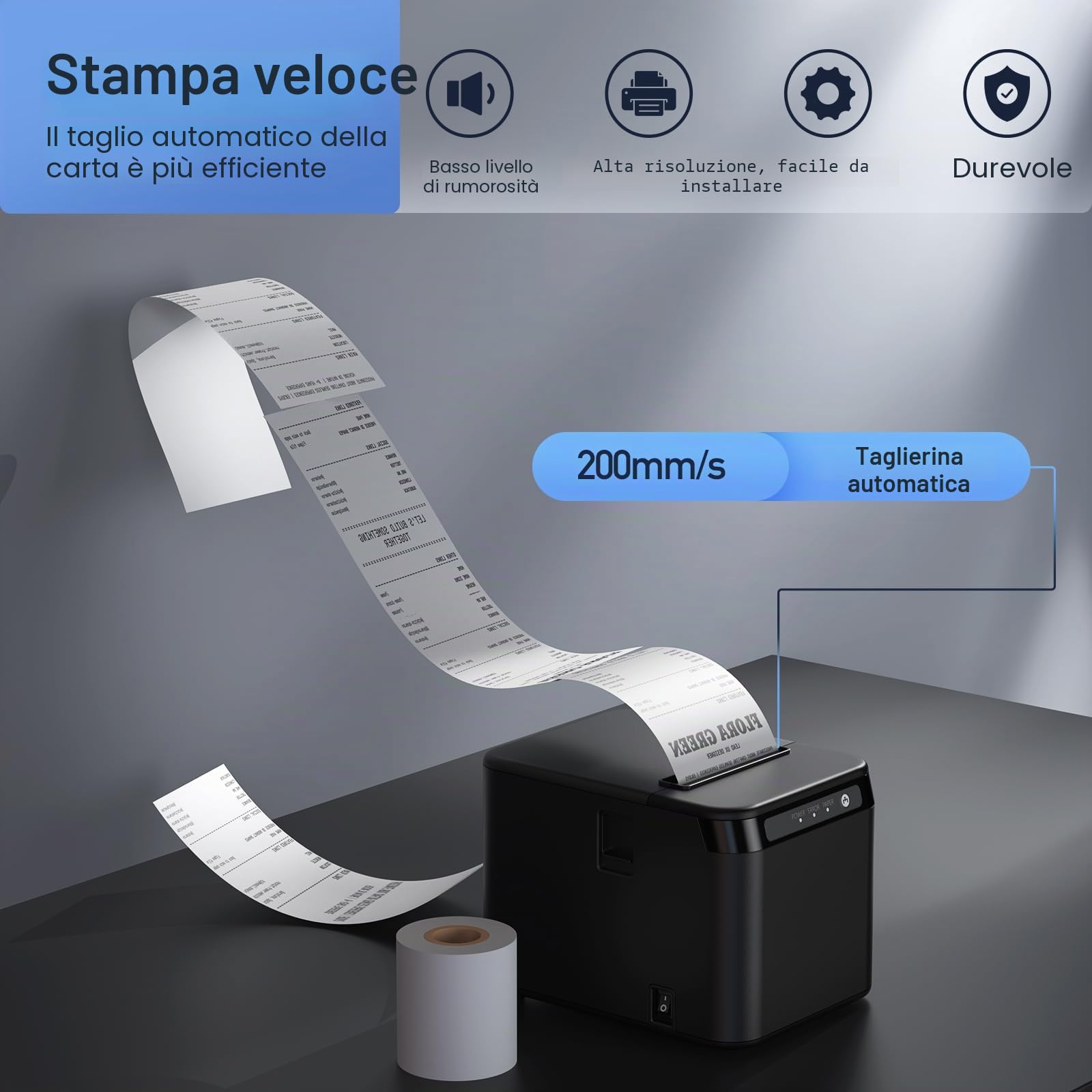 Bisofice Stampante termica da 80 mm, supporta ESC/POS, stampante per ricevute, stampante POS per il taglio automatico, nero (200 mm/s, USB + porta Ethernet)