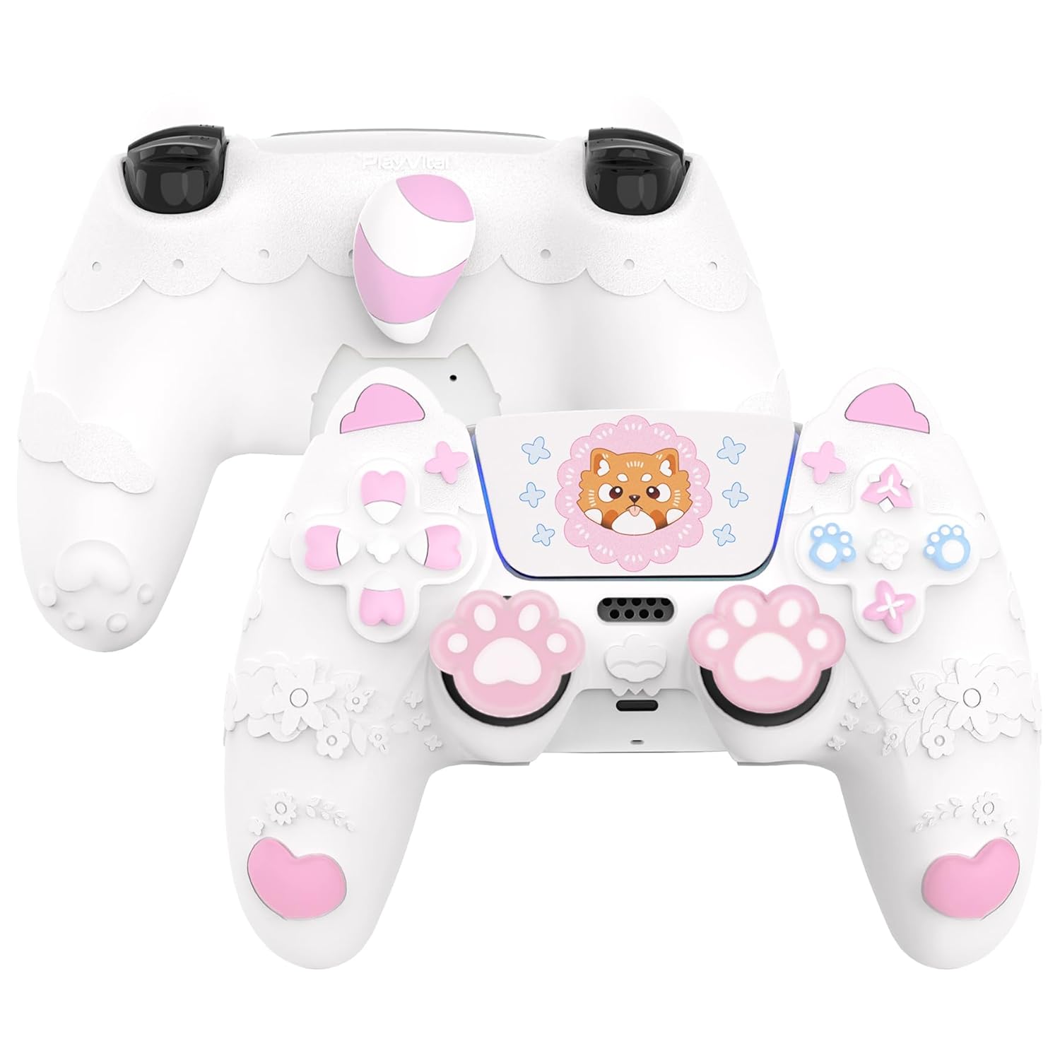 PlayVital for PS5 Controller Skin Cover - Cute Spring Lesser Panda Silicone Case for PS5 Controller with Thumbstick Caps & Sticker - Full Protection, Anti-Slip, Charging Dock Compatible - White