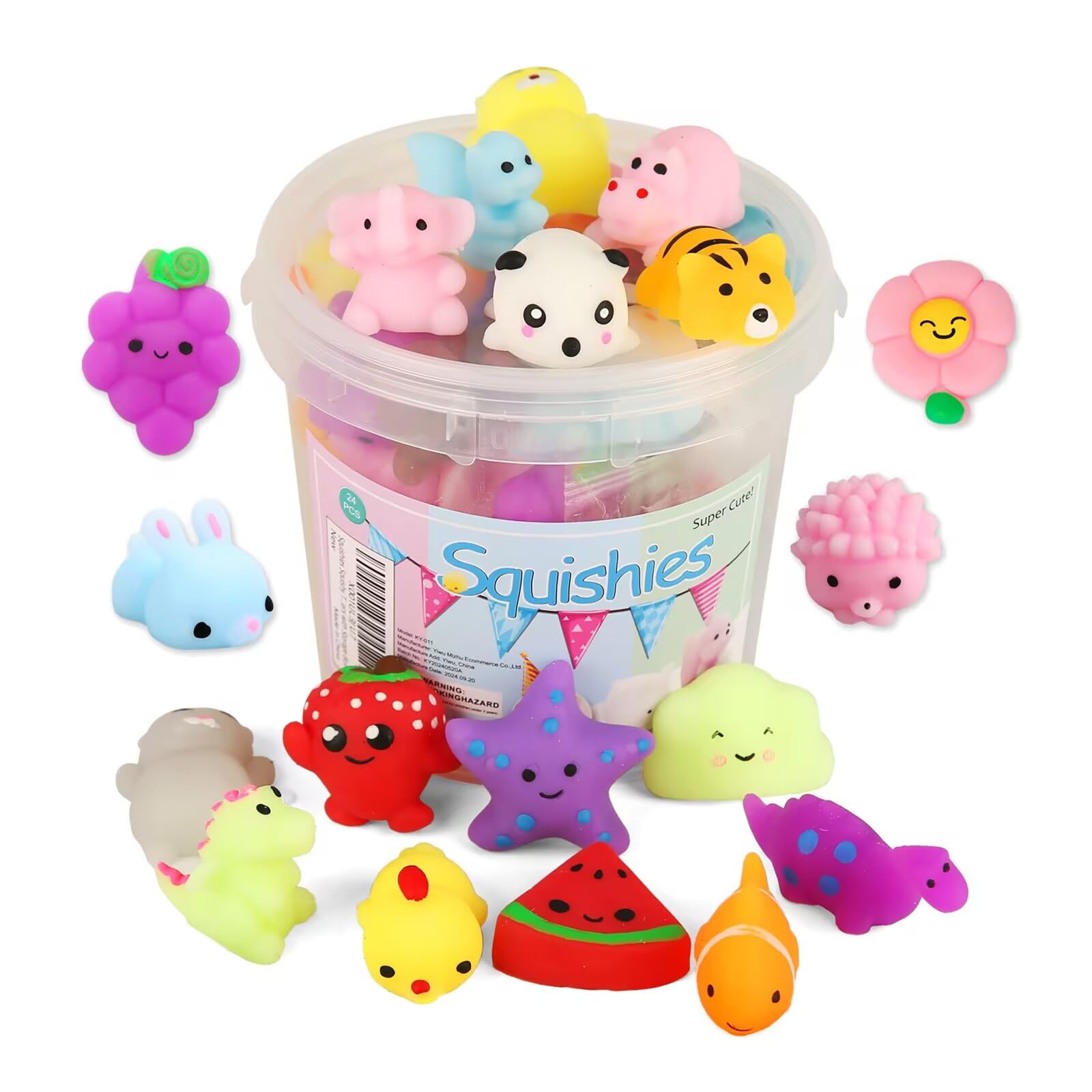 KINGYAO Squishies Squishy Toy 24pcs Party Favors for Kids Mochi Squishy Toy moji Kids Mini Kawaii squishies Mochi Stress Reliever Anxiety Toys Easter Basket Stuffers fillers with Storage Box