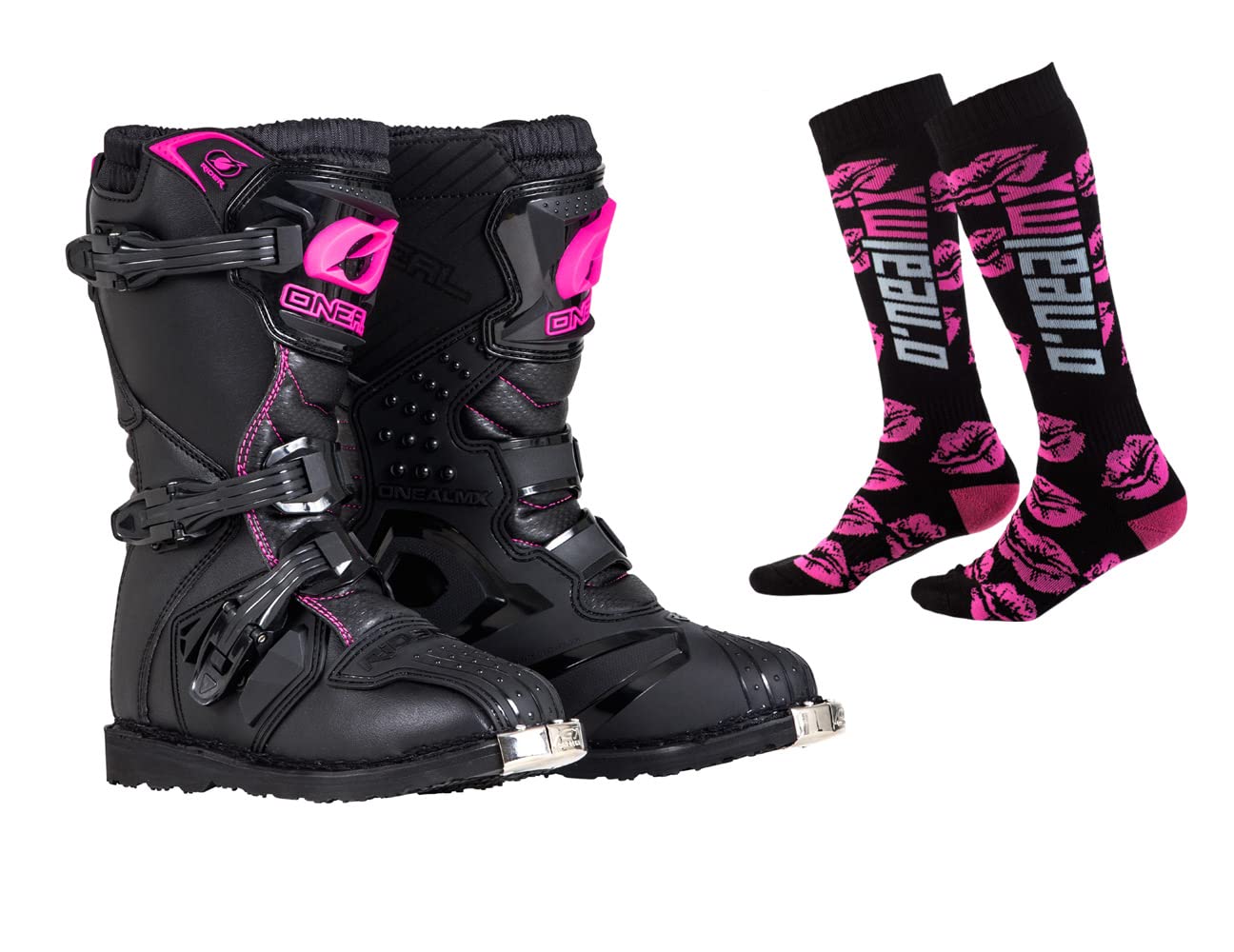 O'NEAL Youth Rider Boots with Pro MX Socks Combo (Black/Pink, Y2)