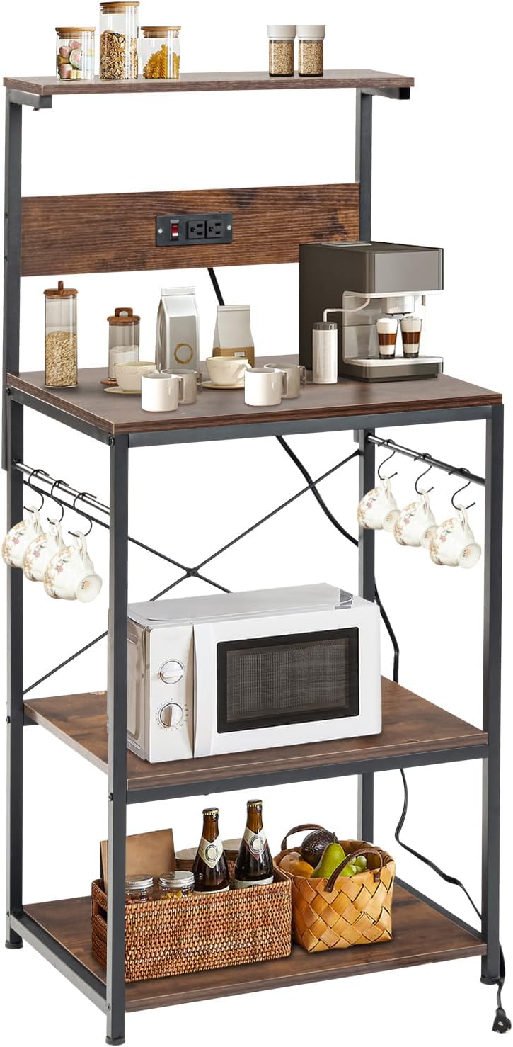 FurnitureR Kitchen Bakers Rack with Power Outlets, Coffee Bar Station, Microwave Oven Stand Storage Shelf 4 Tiers for Spices, Pots and Pans, 6 S-Shaped Hooks, Brown
