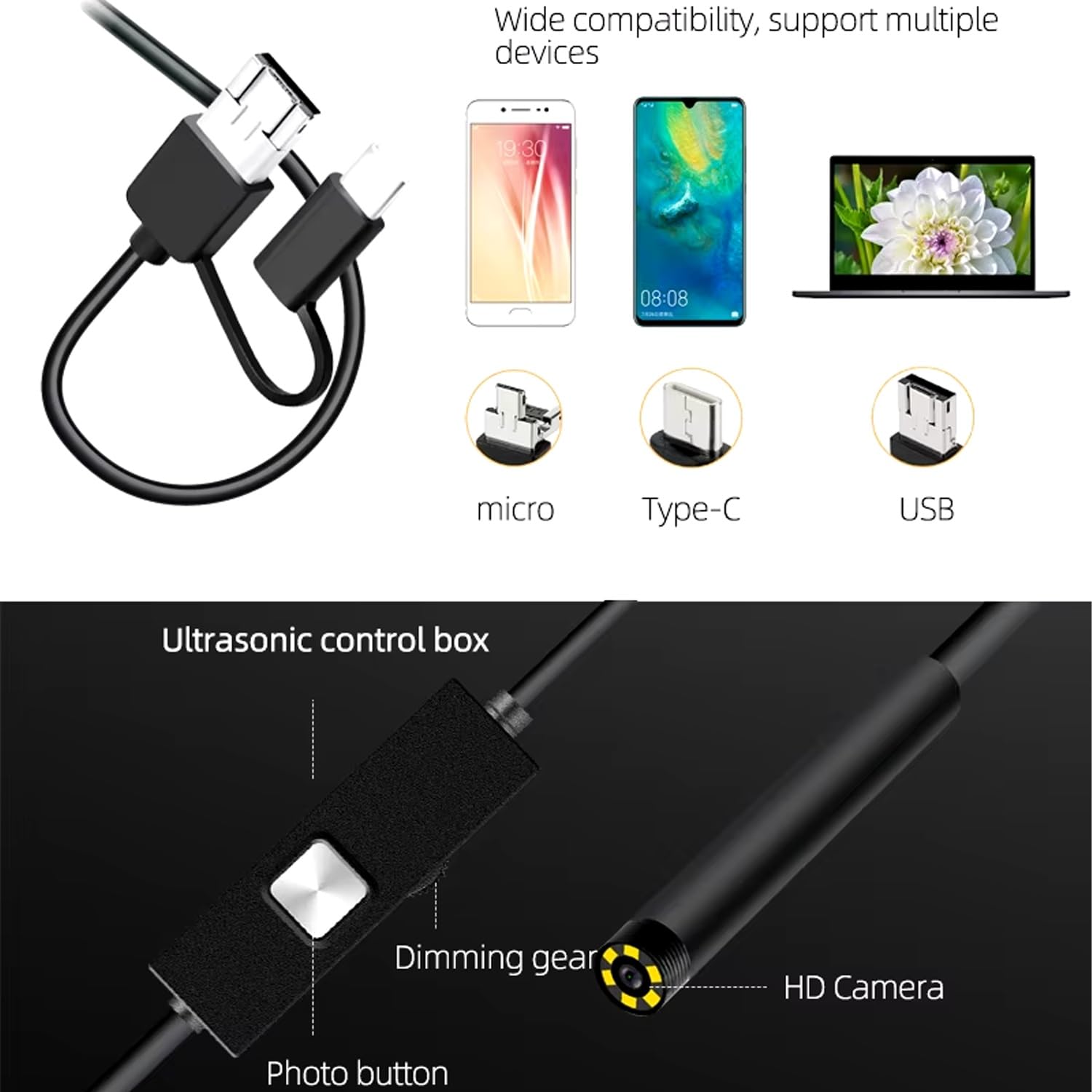 Telecamera Endoscopica 3 in 1 per Tubi, Endoscopio Impermeabile IP67 con 6 LED E Cavo Semirigido per Tubi di Scarico, Manutenzione Auto(10M)