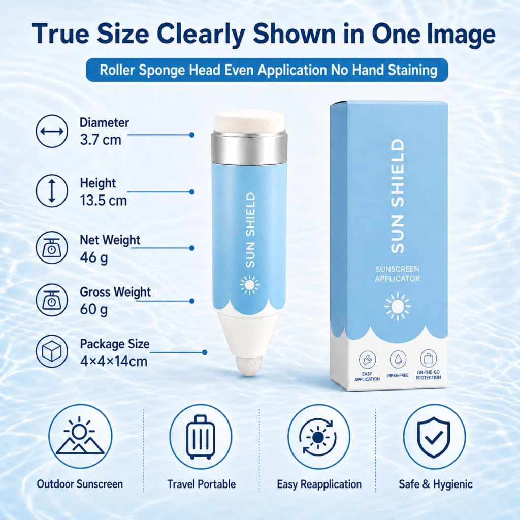 Sunscreen Applicator - Blue, Refillable Roll-On Sponge Dispenser with Soft Head for Sunscreens & Lotions, No-Mess Face Body Suncream Spreader for Kids Adults & Families, 1 Fl Oz Travel Size Beach Pool