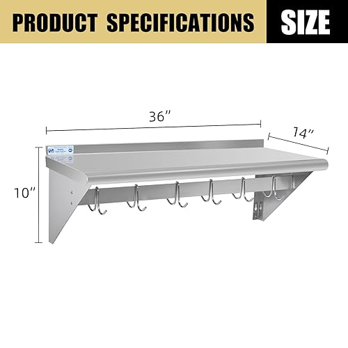 Miniatura 3 de HALLY Estante de acero inoxidable con 6 ganchos de 14 x 36 pulgadas montado en la pared, 300 libras, estantería flotante comercial NSF para