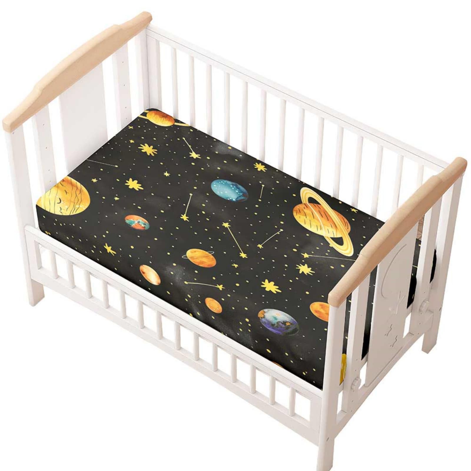 Odot Cot Bed Fitted Sheet, Moses Basket Fitted Sheet 3D Cartoon Planet Pattern Soft Microfibre Crib Bedsheets Bassinet Bedsheet Mattress Protector for Kids Boy Girl (Yellow Star,70x140cm)