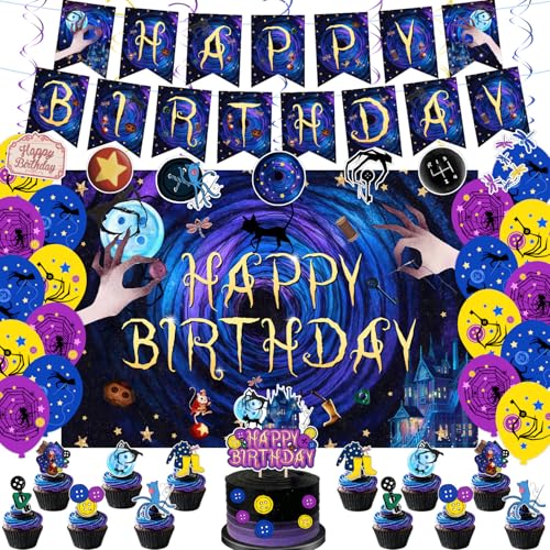 40Pcs Horror Birthday Party Decorations Blue Purple Theme Birthday Party Supplies Including Banner Hanging Swirls Balloons Backdrop Cake Toppers and Cupcake Toppers for Halloween Parties Decorations