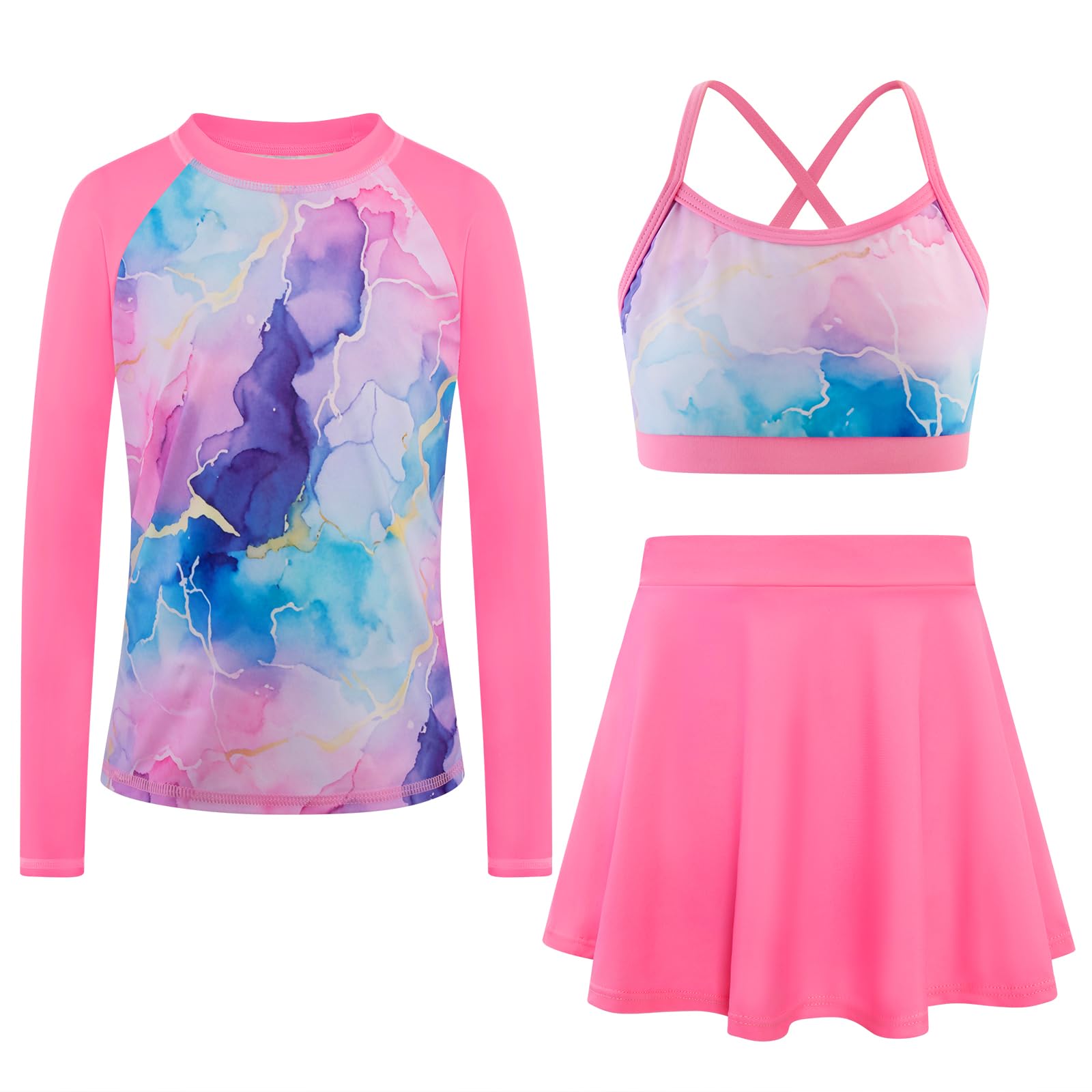 Girls Swimsuit Long Sleeve Swim Shirt 3 Piece Rash Guard for Girls Bathing Suit with Boyshorts