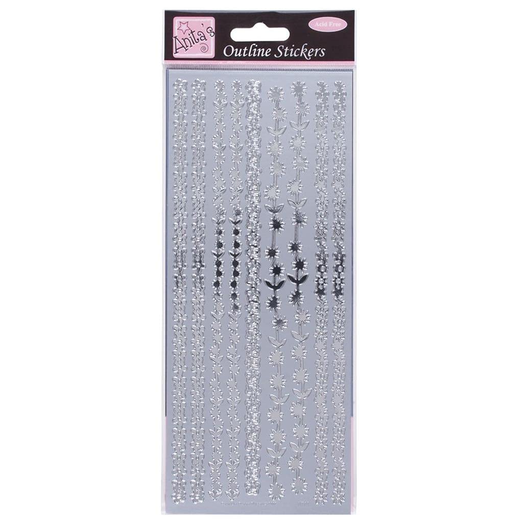 Anita's Silver Outline Stickers, Floral Borders, For Scrapbooking, Card Making, Kids Play, Homework, Art, Craft, Embelish, Decorative, Paper, Card, Glass, Metal, Plastic, Foam