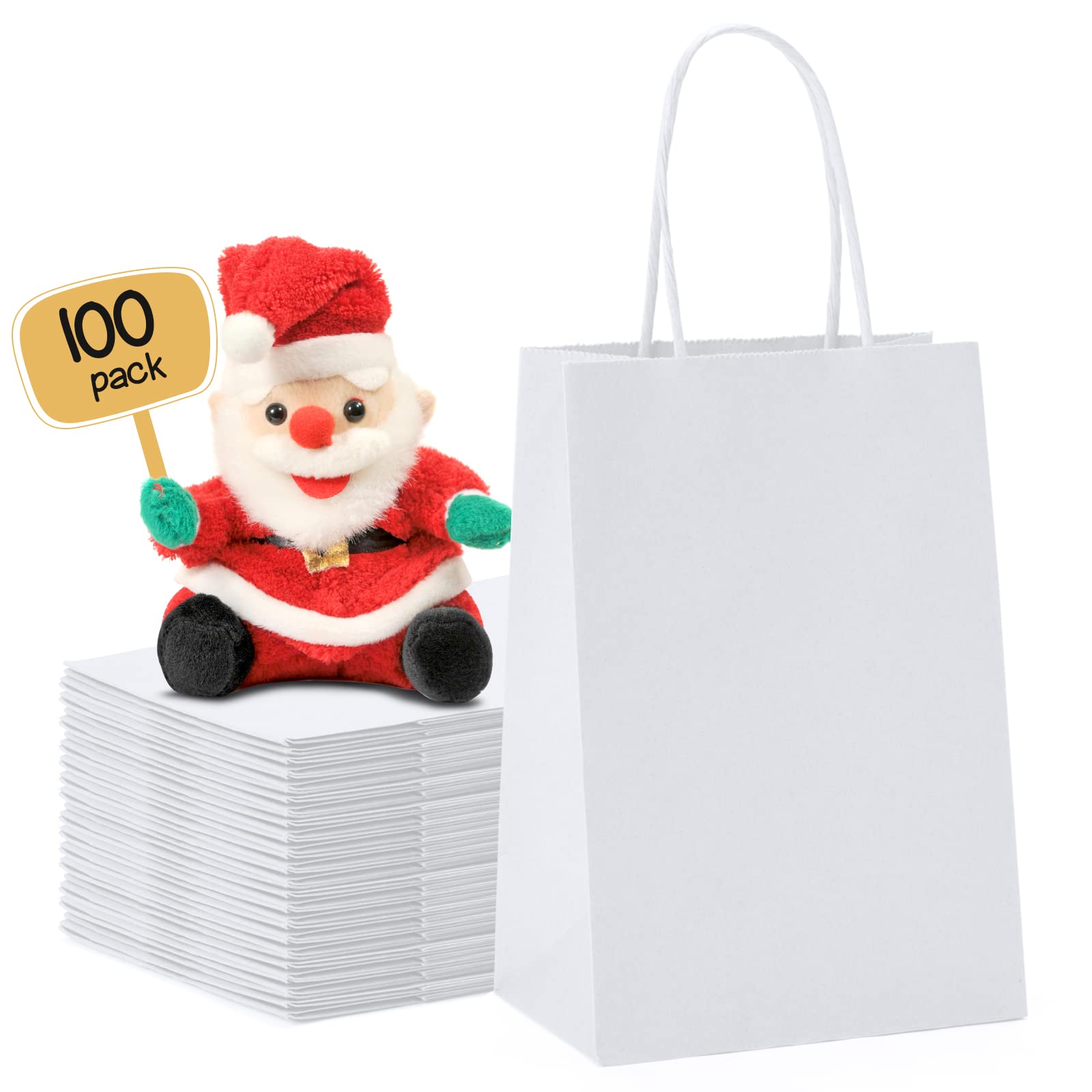 METRONIC Gift Bags 5.25x3.75x8 100Pcs, White Paper Bags with Handles, Kraft Paper Bag for Small Business, Paper Bag for Birthday Party Favors,