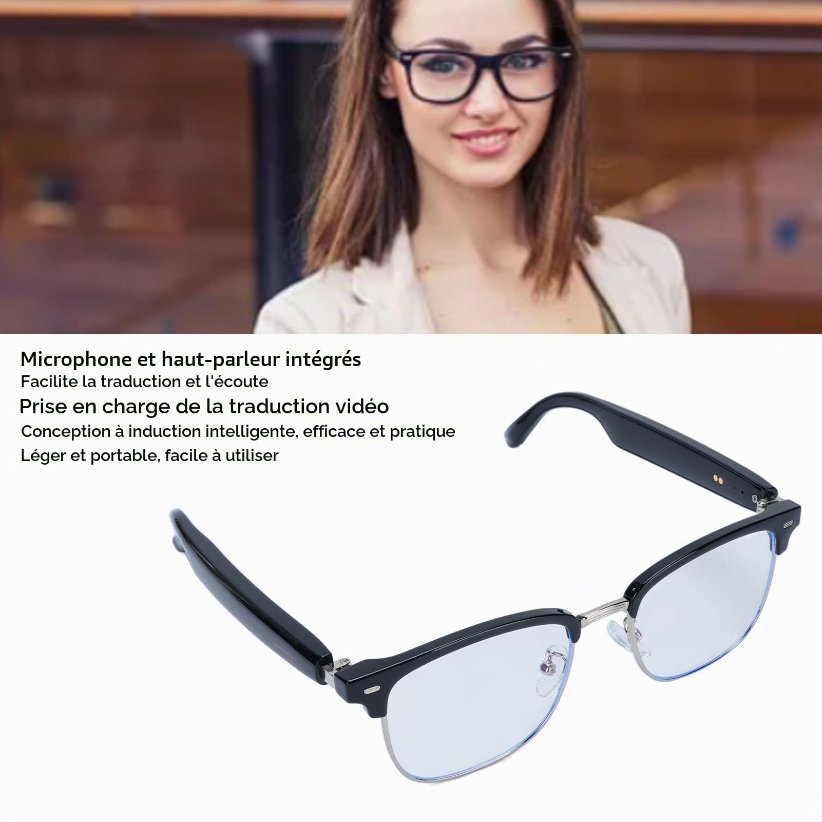 Lunettes Intelligentes, Lunettes de Traduction AI Anti-lumière Bleue avec Haut-Parleur Microphone, Lunettes de Traduction Vidéo en Temps Réel, Lunettes Bluetooth Intelligentes de