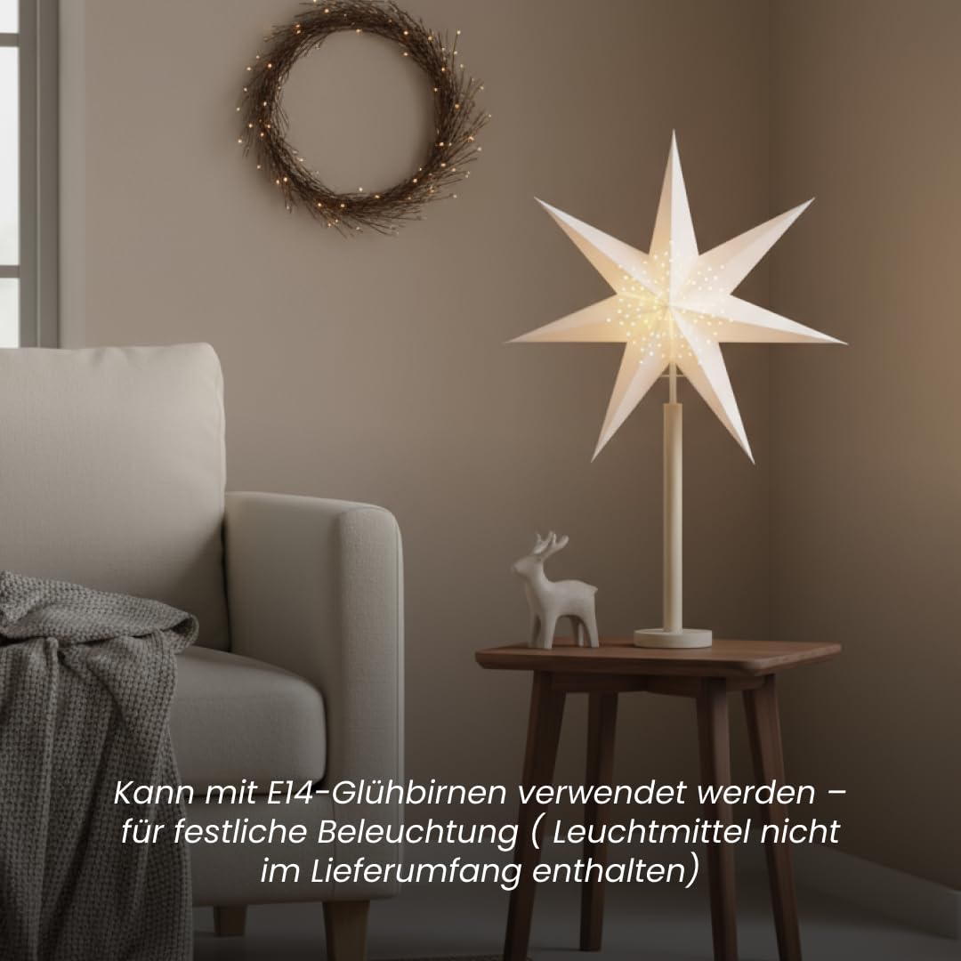Stehlampe Weihnachtsstern Elice von Star Trading, 3D Papierstern Weihnachten mit Holz-Fuß in Natur, Dekostern Stehleuchte mit Kabelschalter, E14, Höhe: 85 cm