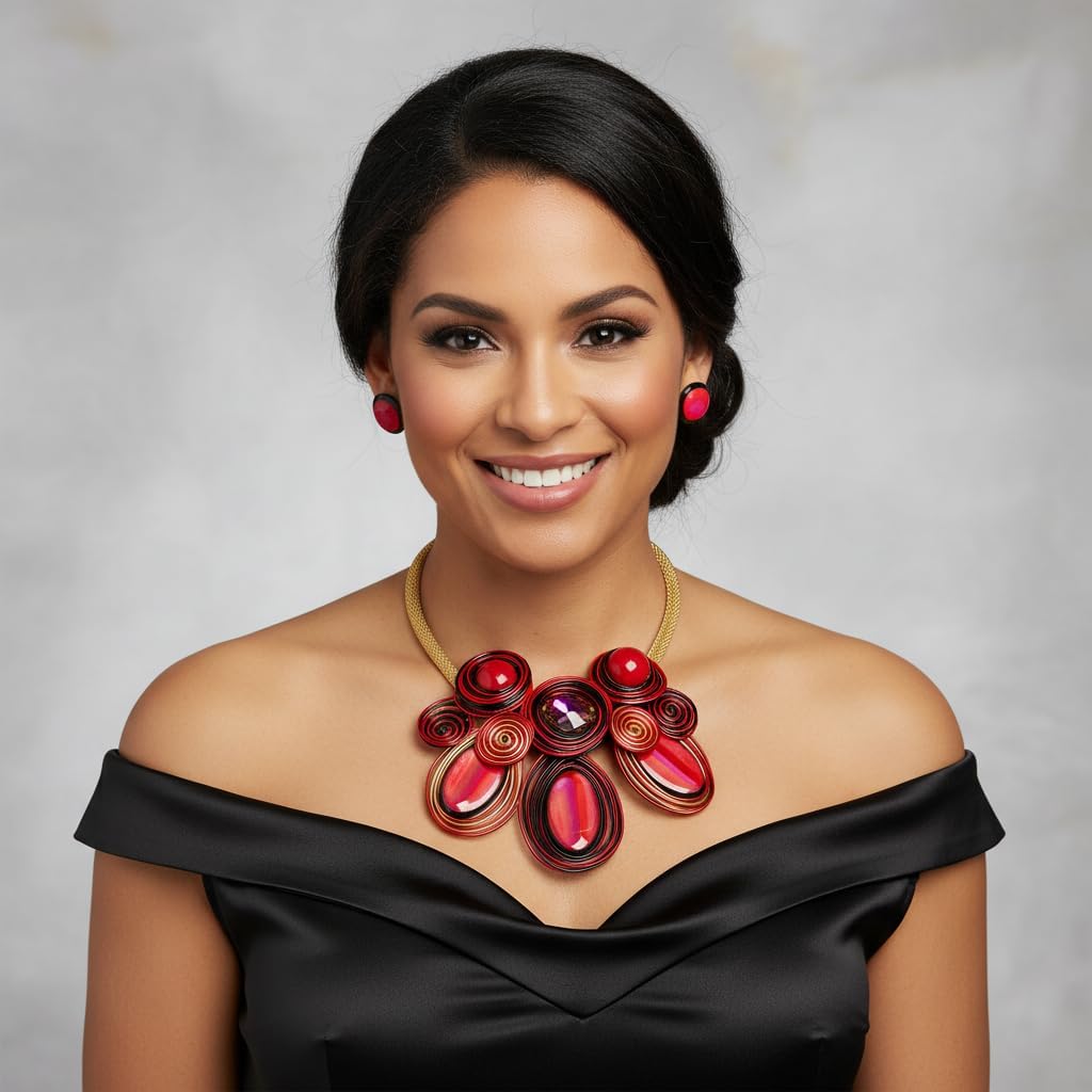 Statement Necklace and Earring Set, Purple Spiral Wire Design with Iridescent Stones,Gold Mesh Chain - Image 5