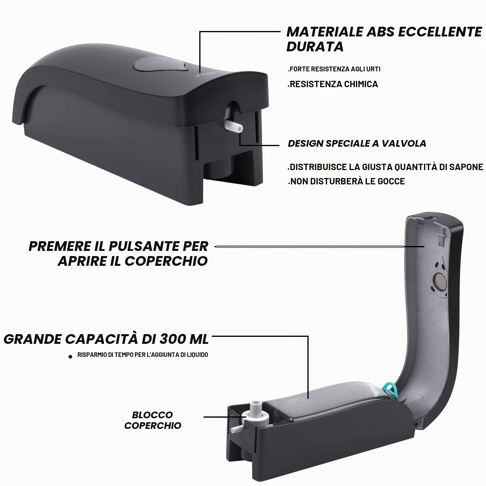 300ml Dispenser Manuale da parete per Sapone, shampoo e condizionatore, Quadrato, Nero