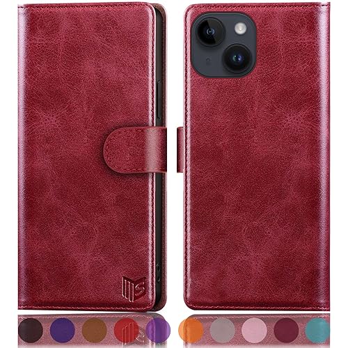 Étui à rabat iPhone 15 SUANPOT en cuir synthétique rouge finition premium