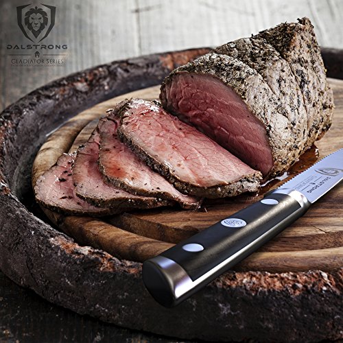 DALSTRONG Steak Knives - Set of 4 - Gladiator Series - Forged German ThyssenKrupp HC Steel w/Sheaths (5" Serrated-Edge Blade, Black G10 Garolite Handle)