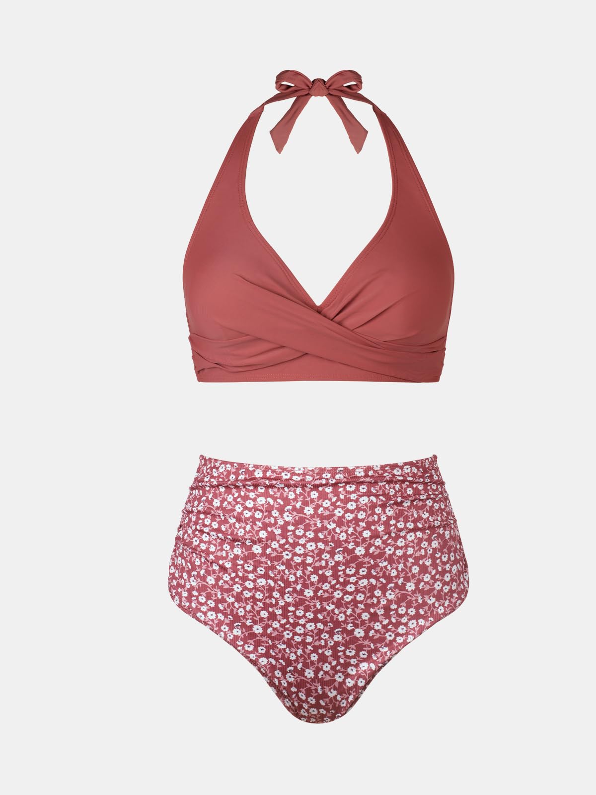 CUPSHE Damen Bikini Set V Ausschnitt Neckholder Wickeloptik High Waist Bikini Bademode Blumenmuster Zweiteiliger Badeanzug Swimsuit
