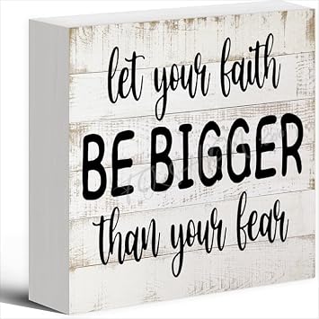 FOSHIN Decor For Home Office Desk Let Your Faith Be Bigger Than Your Fear Wooden Box Sign Farmhouse Ornament 5 X 5 Inch Artwork Desk Shelf Tabletop Wood Home Decor