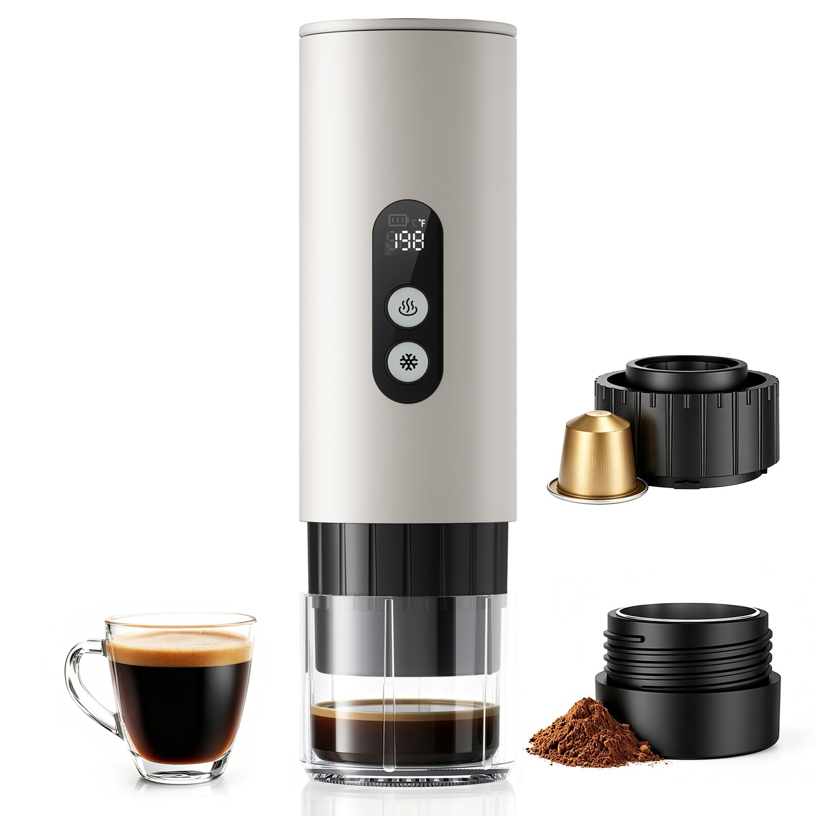 Havato Portable Espresso Machine,Self-Heating Travel Coffee Maker with LCD Display,15 Bar,Capsules & Ground Coffee, USB-C Rechargeable,Camping,RV