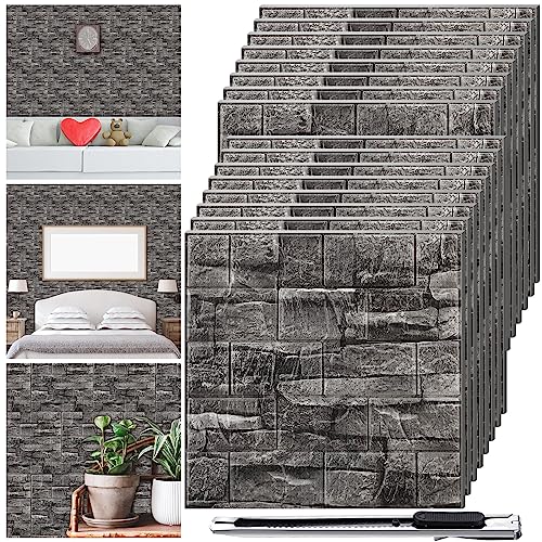 Colarr 60 Pcs 58 Sq ft 3D Wall Panels Peel and Stick Faux Foam 3D Brick Wallpaper Faux Paneling Adhesive Wall Covering Panels Decorative Medieval Tiles Waterproof for Bedroom(Black Stone Color)