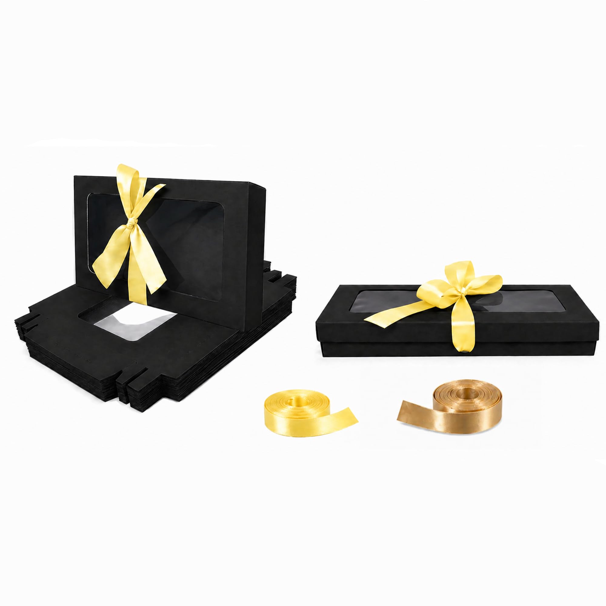 Emartbuy Pack of 12 Black Gift Boxes with Clear Window Lid & Yellow Satin Ribbon - Small Slim 21 x 12.5 x 2.5 cm - Recyclable Kraft Presentation Box for Hampers, Treats, Weddings & Favours — image 1